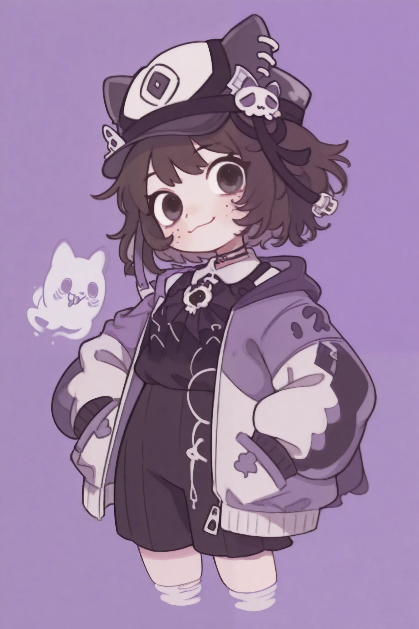 Brown hair to shoulders goth hat cat ears egr sized jacket with a zig zagged smile ghost around purple theme