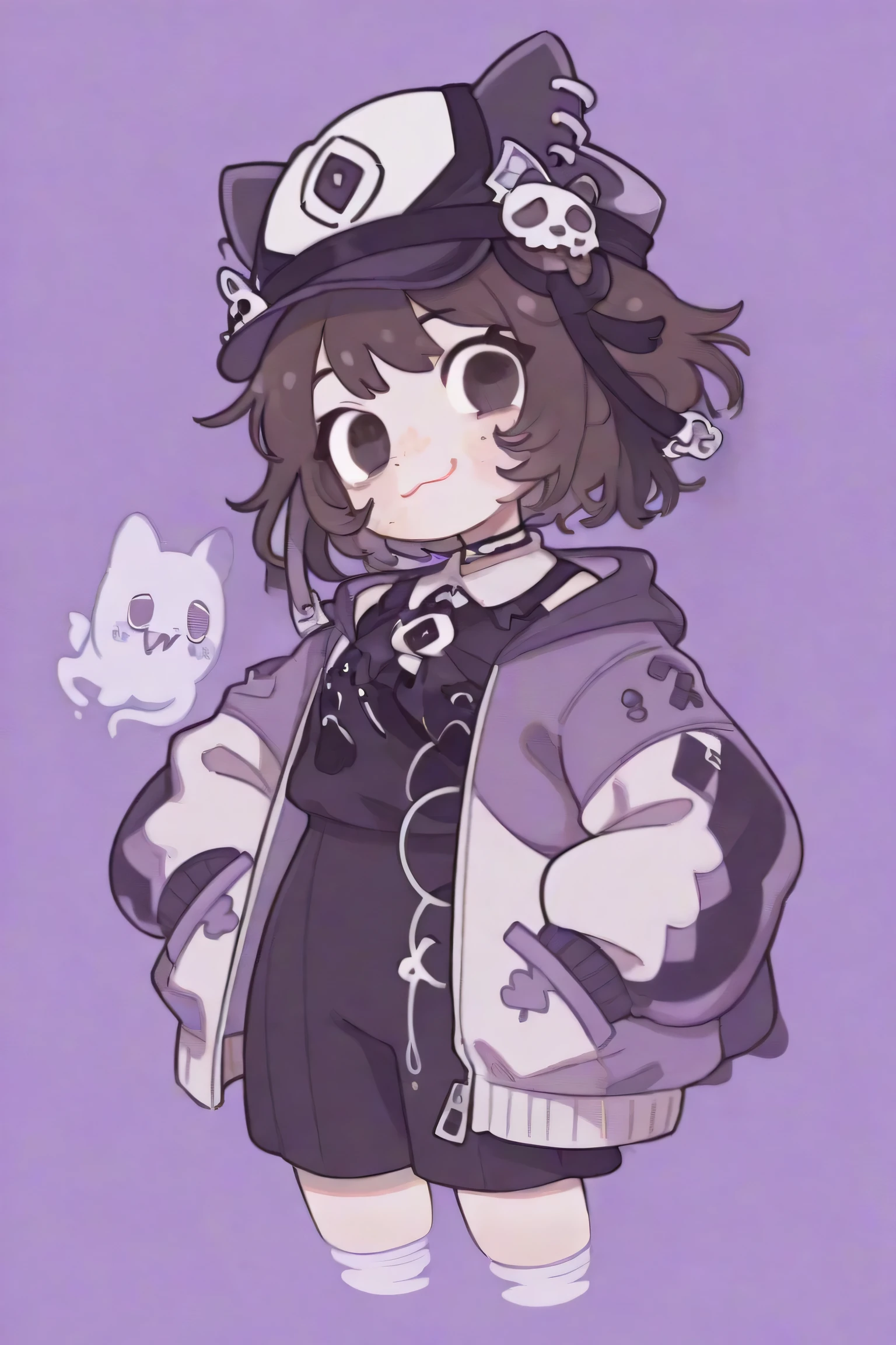 
Brown hair to shoulders goth hat cat ears egr sized jacket with a zig zagged smile ghost around  purple theme