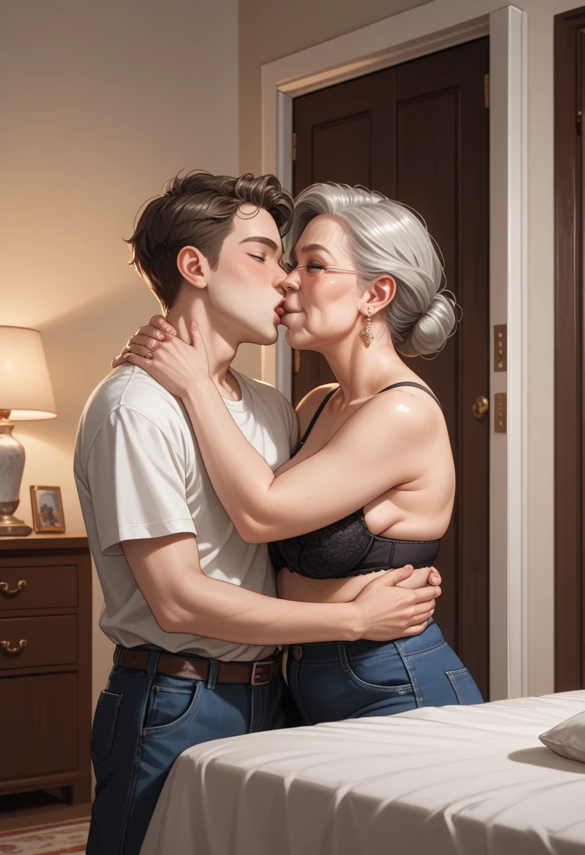 (8K raw photo, best quality, masterpiece: 1.1), Tall model mom and small eight-year-old son in an intimate moment hugging, (kitchen setting: 1.2), Small son with pennis erection, (intimate gaze: 1.3), Realistic, photorealistic: 1.38), 1 scene, 2 characters, mom with perfect curves, son with youthful innocence, (delicate detail: 1.4), Detailed textures, illuminated kitchen scene, (deep focus: 1.3), Watchful mom's expression, curious son's, mom having sex with son, mom and son romantic scene