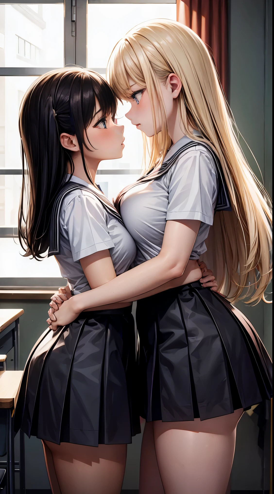 Two girls,angry look,equivalent height,In the classroom,black and blonde hair,Facing each other and staring,hug each other,The two bodies are close to each other,kiss、Picture of two people、Holding hands and facing each other、Photograph of two people facing each other、Push each other、Stick your boobs and boobs together、super big breasts、uniform、high school girl