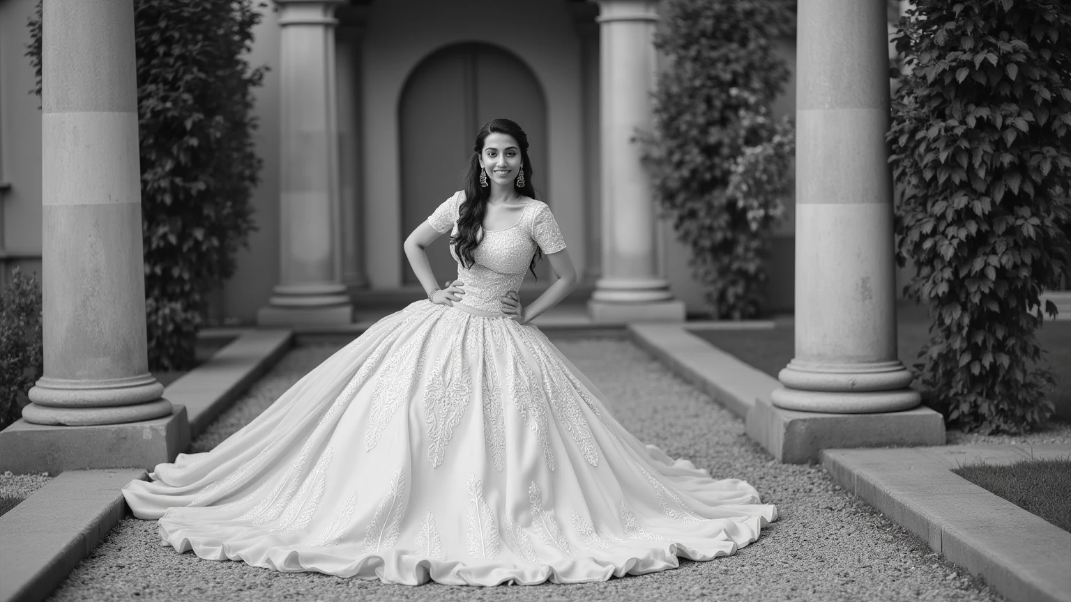 ((young girl))((tween bride))((12-year-old-girl)), (wearing a satinstrapless wedding dress) (standing in a ballroom),