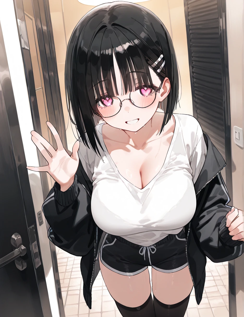 girl with black hair, ponytail,oversized hoodie,oversized hoodie, curvy body cleavage, big boobs, face, blush. oversized hoodie , zipper, hoodie with zipper, blush, tan, unzipping, unzipping hoodie, wearing yoga pants, cleavage, unzipping clothes, unzipping hoodie, train, inside train, standing in train, train