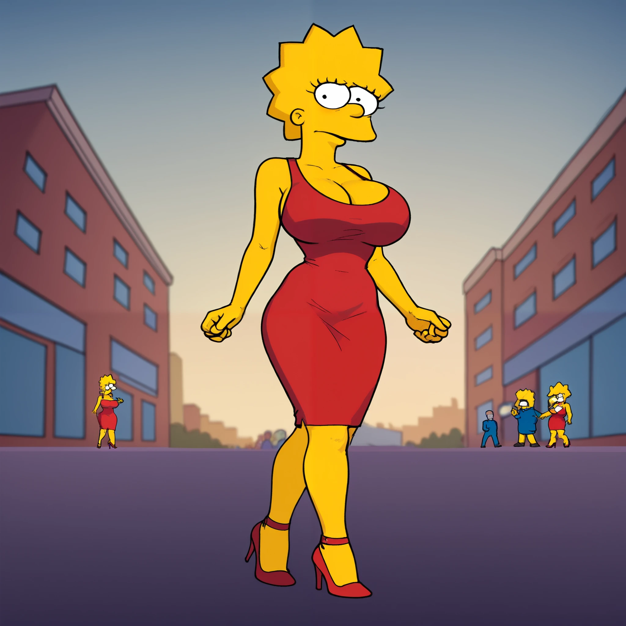 score_9, A girl Lisa Simpson (( big breasts)) in an evening dress, background of a city, neckline, red dress, high heels, in a dance hall, people in the background