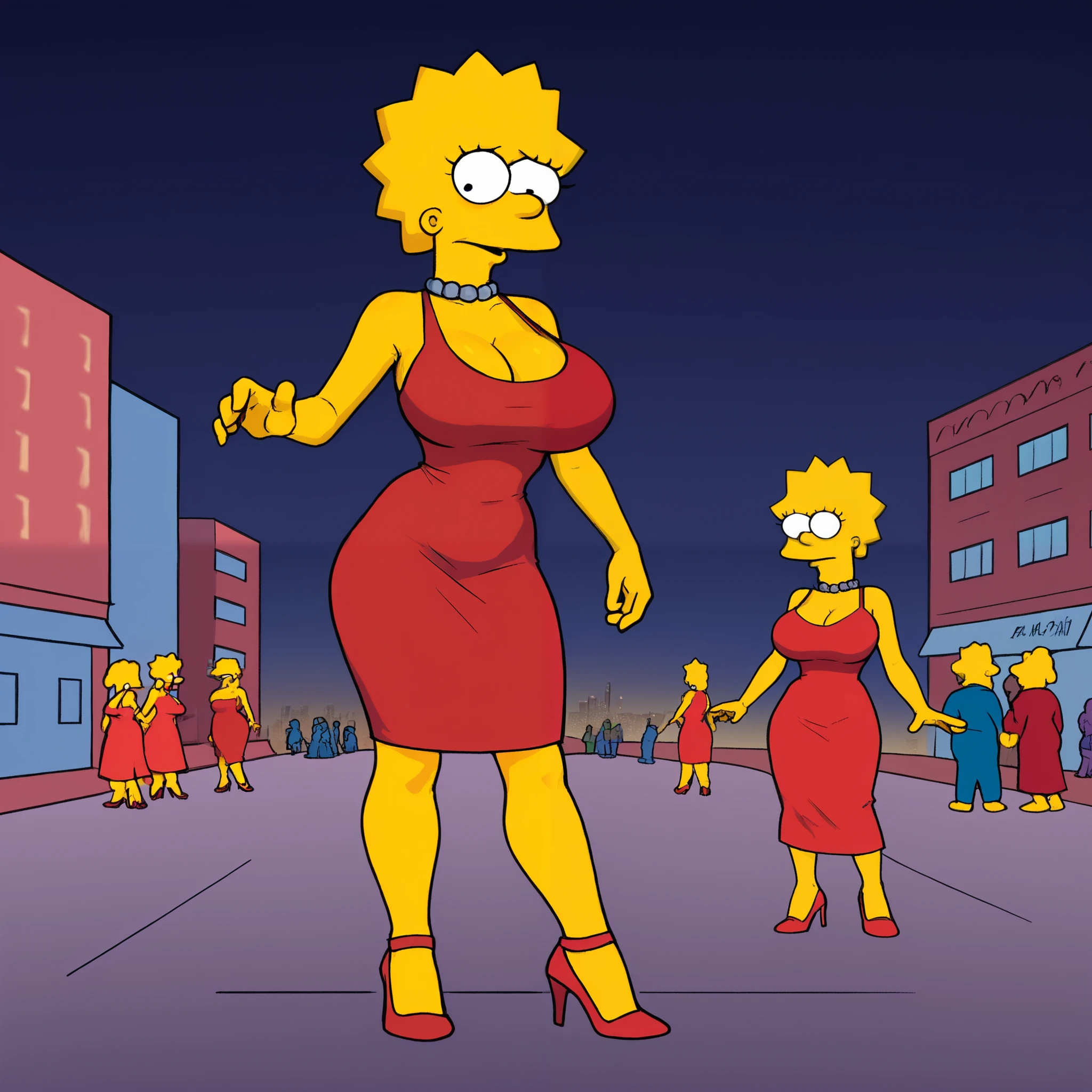 score_9, A girl Lisa Simpson (( big breasts)) in an evening dress, background of a city, neckline, red dress, high heels, in a dance hall, people in the background