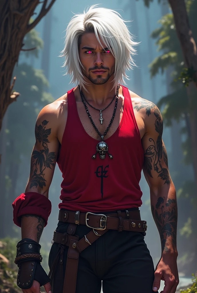 Young man, spiky very short white gray hair on top and razor on the sides, red eyes, smirk on his face, red pants, scar on his neck left side to his face, shirtless, fox tattoo on the left side of his belly button, on a forest with nunchaku, mythic fantasy warrior