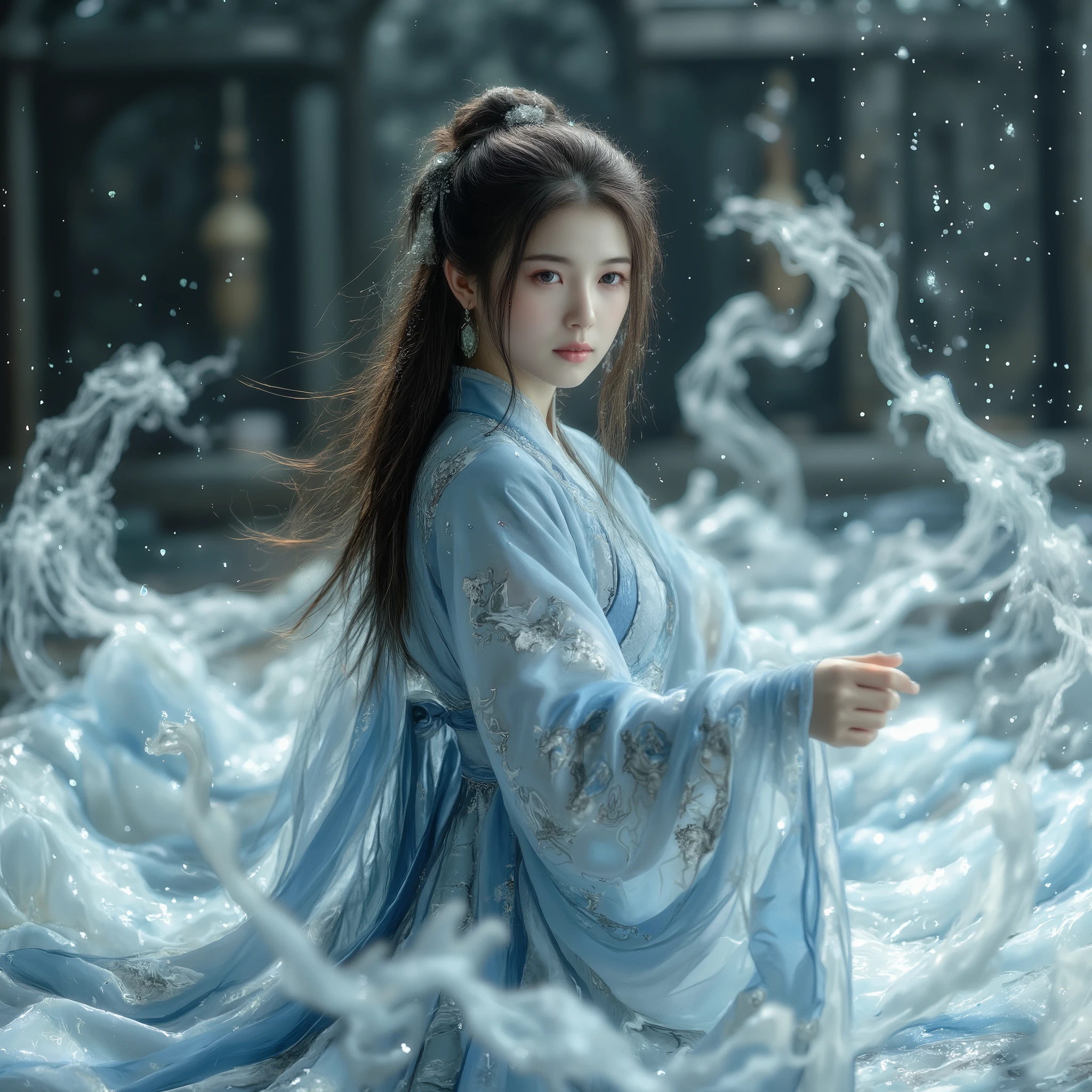 1 girl,hanfu,realistic, (Masterpiece, high quality, best, official art, beautiful and beautiful, long-term contact:1.2),smooth movement,charming patterns, 1 girl,jade eyes,long black hair, Portrait,alone,upper body,watching audience,detailed background,detailed facial information,(crystalline aluminum, crystal theme:1.1),elemental water wizard,swirling water,controlling the water,fantasy wizard clothing,dynamic posture,floating particles,ethereal dynamics,water,steam,background for the ocean,blue tones,coast,sacred atmosphere, Her expression is calm, focused, and confident, with her long dark hair flowing gently down her back, slightly stirred by the energy she is directing. Her posture, with her waist engaged and shoulders slightly forward, shows the skill and mastery she has over the water. The background is a muted gray, enhancing the vivid blue of her attire and the flowing water, bringing attention entirely to her movements and the magical energy she controls. The lighting highlights the subtle textures of her clothing and the soft glow of the water, creating an image that feels both powerful and serene.