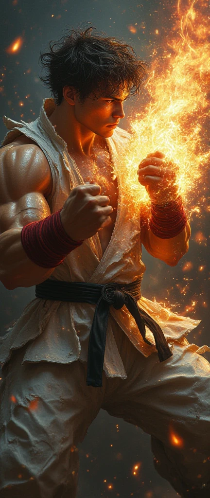 A strong, muscular man with short, fiery orange undercut hair and freckles, dressed in red and black clothing. He is strikingly handsome with a perfectly sculpted body. In battle, he wields fire magic, with flames engulfing the entire scene, creating a dramatic and intense atmosphere. He commands the fire with powerful, sweeping gestures, his eyes glowing with a fierce, fiery intensity that showcases his mastery of the element. The background is ablaze with vibrant flames, enhancing the sense of power and heat. The image is rendered in a photorealistic, hyper-realistic 8k style, with studio lighting. His combat pose is dynamic and aggressive, making the image powerful and cinematic, with intense colors, vibrant HDR, and dramatic chiaroscuro lighting that highlights the fiery energy and motion.