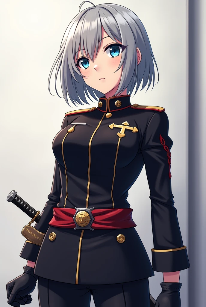 military woman in semi-realistics, a bit closed to anime style, tall, fair skinned, blonde short hair with some gray strands, captain hat, general unifo, serious race, bandage on the left eye, green eyes, black long boots, serious, dark