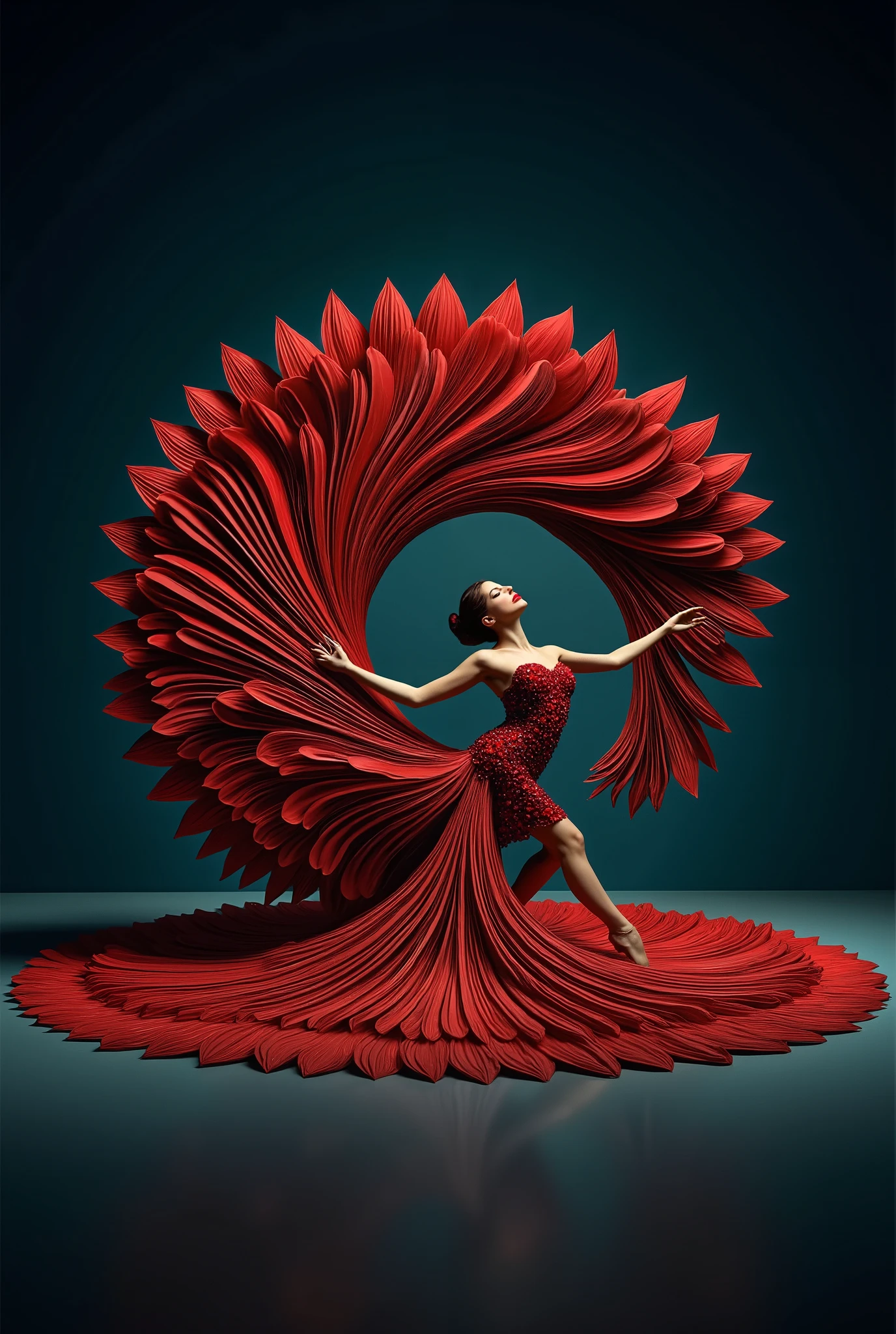 (split black white) A full background, minimal collage artwork featuring a wide and long piece of red color blanket made of small flower petals covering and envelop a part of the body of a beautiful russian ballerina women red lips, small petals dress, The ends of the flower petal cloth fly up and stick to the wall expands upwards forming a beautiful luxurious and majestic blanket shape(symmetrical shape) stuck to the wall , black wall, Unique poses with flexible bodies, strange poses, unique and beautifu pose against the middle of wall, low light, beautiful and unique masterpiece. very detailed, high resolution, in terms of beautiful appearance, beautiful art, like a beautiful logo,Elegance,SurrealArtStyle,Elegance,Composition
