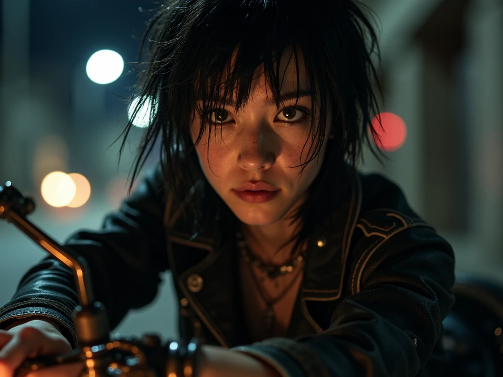 Female Asian, serious face, messy hair tied with neon tips, amber eyes, cybernetics in eyes, scar on left eye, left arm with few Black carbon cybernetics, neon designer coat clothing, tattoo with family symbol on forearm, night alley background, moon reflection on Walter, Pose crouched on the floor against sharpening carbon robot arm blade