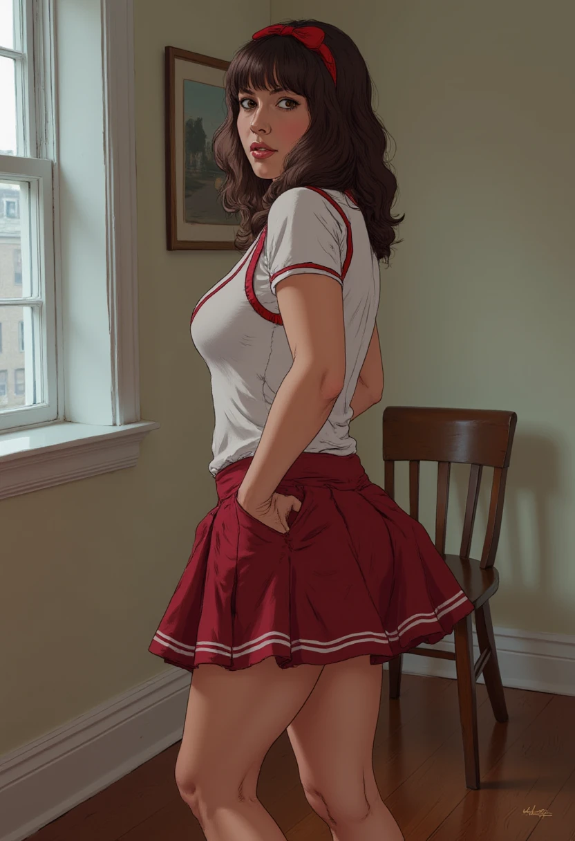 <lora:quiron_JohnPersons_Style_v2_lora:0.77> , cartoon, graphic illustration, comic art, graphic novel art,   huge breasts, JohnPerns_Quiron style, 1girl,1girl, solo, long hair, blush, blue eyes, skirt, brown hair, jewelry, underwear, panties, ponytail, ass, thighs, pleated skirt, glasses, teeth, looking back, miniskirt, white panties, bracelet, lips, plaid, embarrassed, watermark, plaid skirt, pantyshot, border, scrunchie, clenched teeth, wind, web address, upskirt, wind lift, bangle, black border,, vibrant, highly detailed,