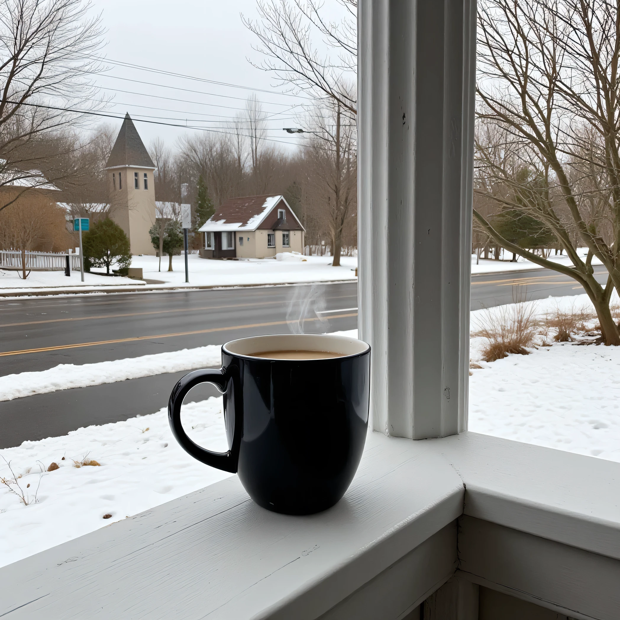 A serene winter scene unfolds, captured from a porch or balcony overlooking a snowy street. In the foreground, a black ceramic mug filled with steaming coffee or tea rests on a weathered reflective white wooden railing, adding warmth to the chilly atmosphere. The background features a quiet suburban neighborhood, with a modern road cutting through the middle of the scene. Sparse snow blankets the ground, with delicate flakes still falling, creating a peaceful ambiance. Bare trees with intertwining branches dominate the view, and a modern house with a pointed roof and a picket fence adds charm to the landscape. Overhead, power lines stretch across the image, subtly framing the wintry setting. The overall mood conveys a sense of calm and comfort amidst the cold.
