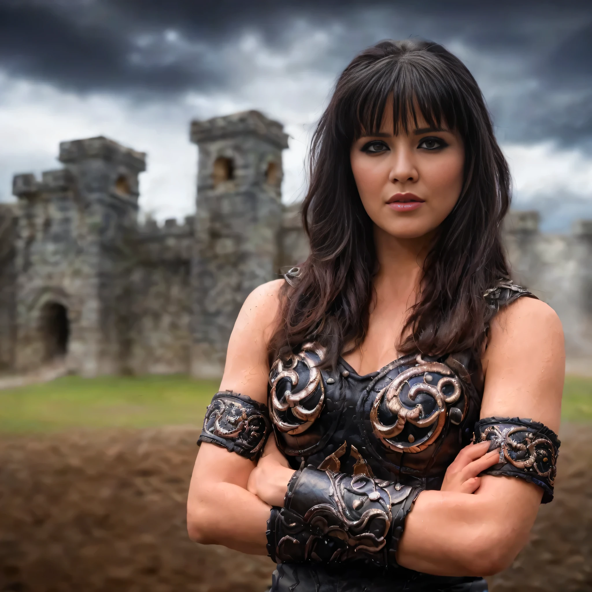 Xena:1.1), (perfect facial features:1.1), (belos olhos detalhados, beautiful detailed lips, olhos e rosto extremamente detalhados, seotorrealistic long eyelashes:1.37), (ultra-detalhado, Realistic), (retrato, horror), (vivid colors), (studio lighting), (toneladas de sutioco coreokeh crocante) Textura ultrarrealista, expression of anger, olhos azuis penetrantes