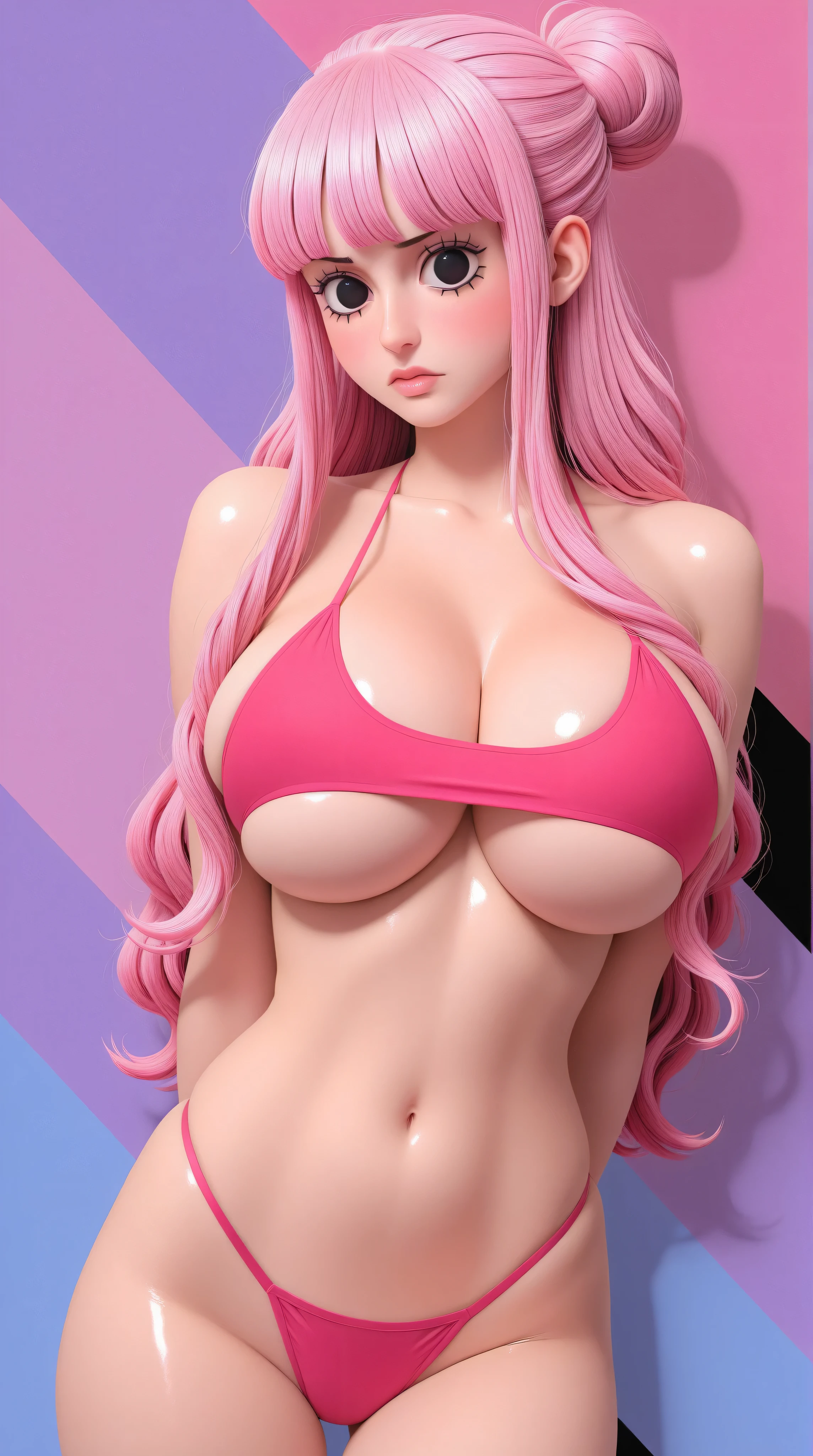 Perona from One Piece, big breasts, underboob, pink hair, black eyes, tight crop top, panties, arms behind back, black background, looking down at viewer, (eyes looking off to side), Highly detailed, Amazing work,Vitreous luster, blues, purples, pinks, Best quality at best,shiny skin, no background, colorful background, blue background, pink background, purple background, plunging neckline, heavy blushing, huge breasts, anime, manga, cartoonish,