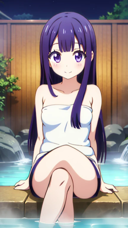 masterpiece, best quality, highres, detailed face, face focus, anime coloring, hitagisenjougahara, long hair, 1girl, solo, blue eyes, medium breasts, purple hair, looking at viewer, expressionless, sweat, blush, sitting, leaning back, spread legs, (holding legs, knees up), barefoot, nsfw, nude, onsen scenery, steam, blue sky