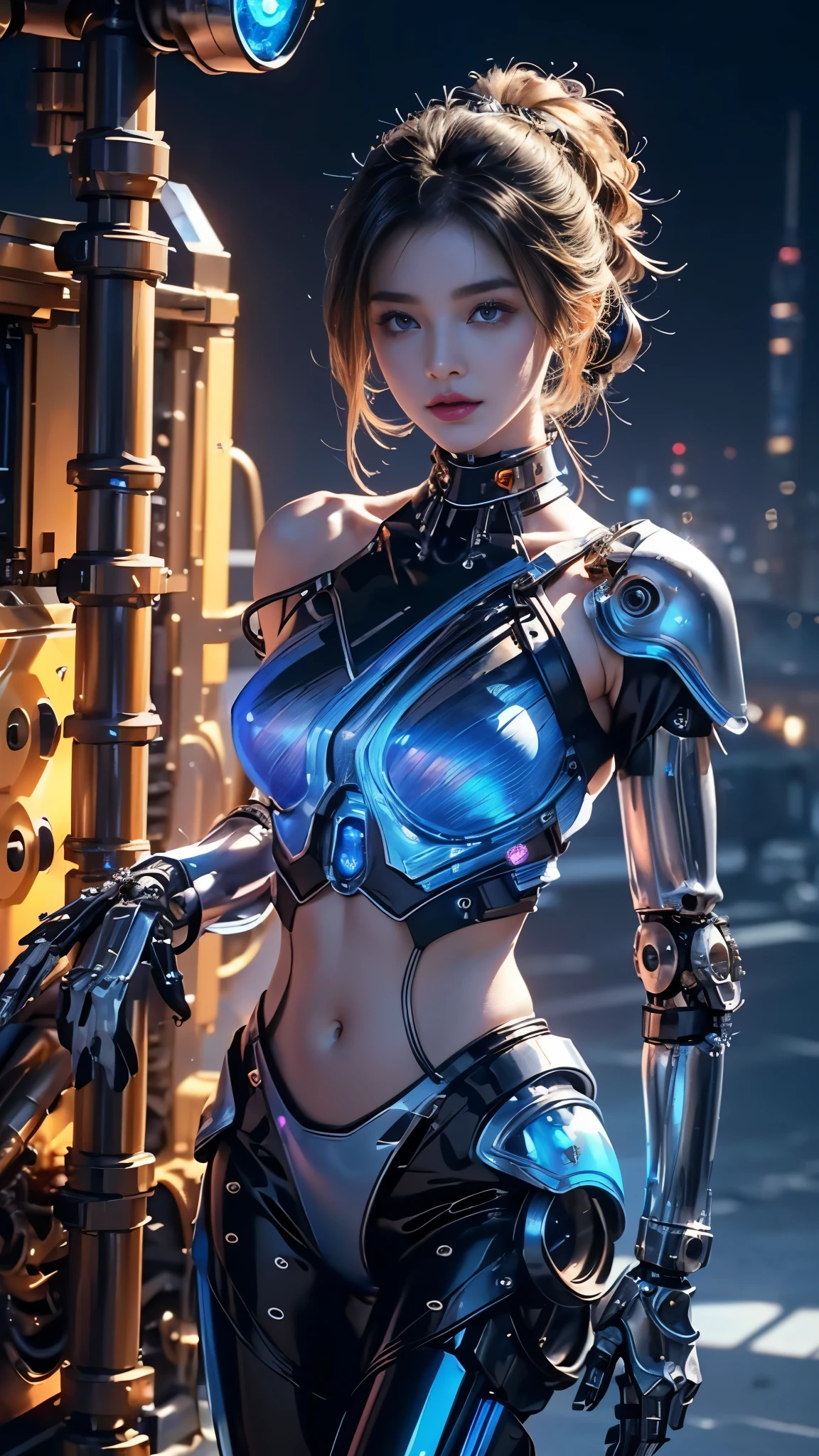 top quality, future world, State-of-the-art robot, Beautiful Woman, flying hair, (Transformed into a cyborg except for the face), sexy images, whole body photo, ((archer, bow))