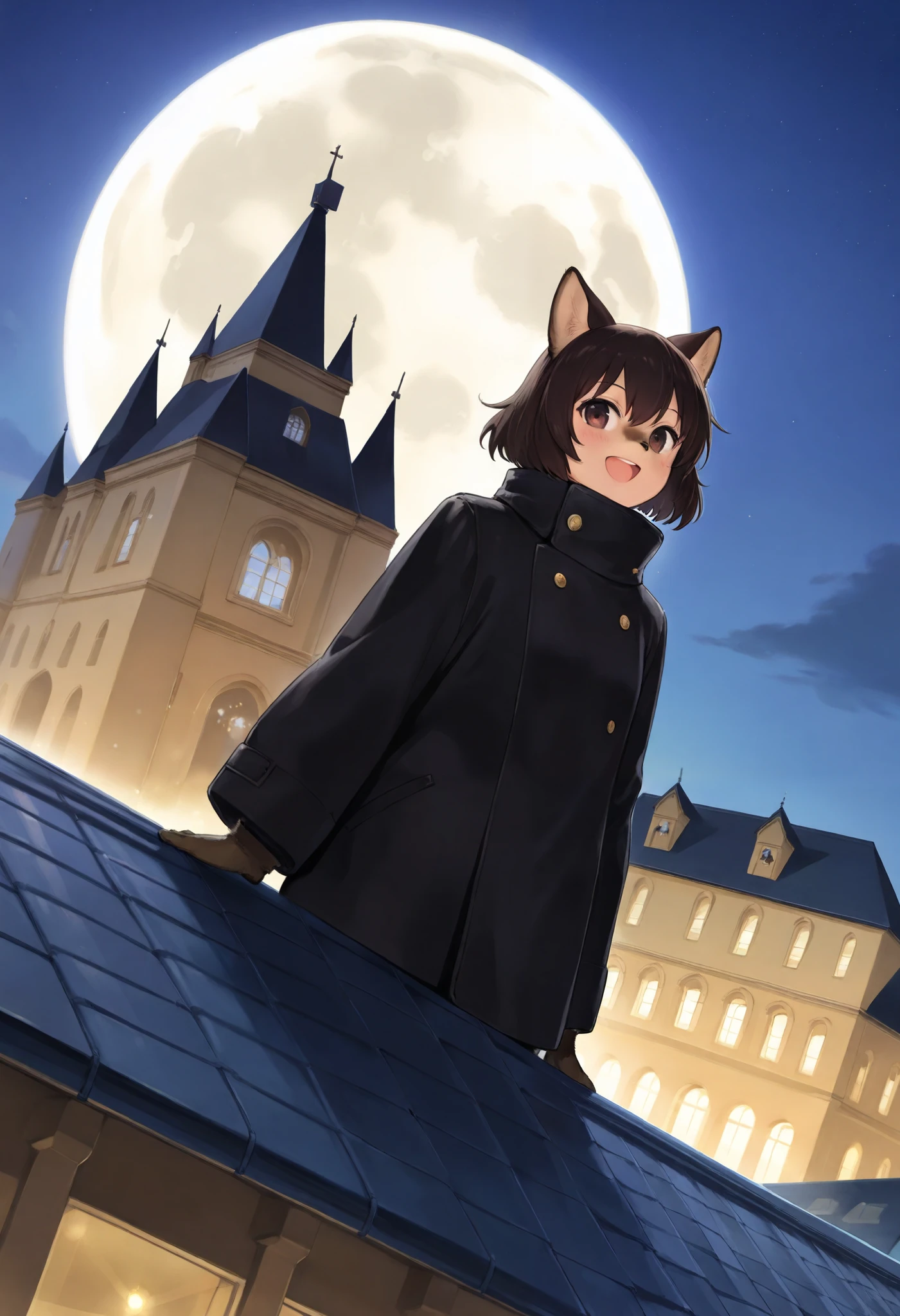 cover_page, highres, top quality, best quality, paid reward available, High-quality illustrations, unparalleled masterpiece, perfect artwork, absurdres, figma, super high resolution, detailed background, Full moon, on the roof of the church, the thief Lupin, boys, Happy, joyful(Photos of solo travelers)(kemono, furry anthro)cinematic lighting, dynamic angle,