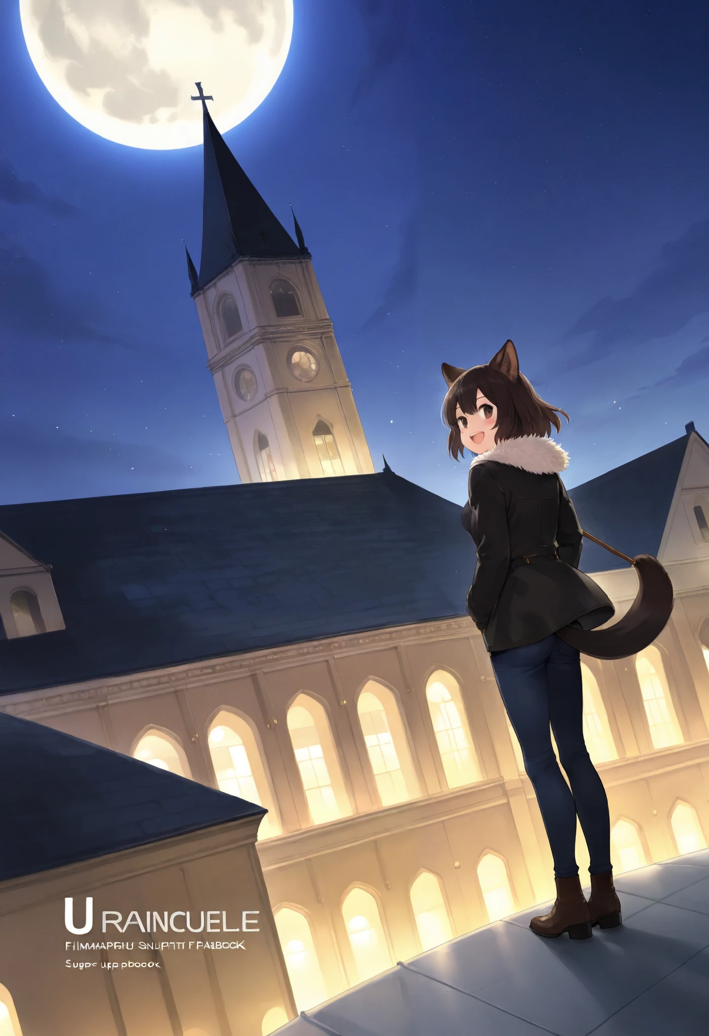 cover_page, highres, top quality, best quality, paid reward available, High-quality illustrations, unparalleled masterpiece, perfect artwork, absurdres, figma, super high resolution, detailed background, Full moon, on the roof of the church, the thief Lupin, boys, Happy, joyful(Photos of solo travelers)(kemono, furry anthro)cinematic lighting, dynamic angle,