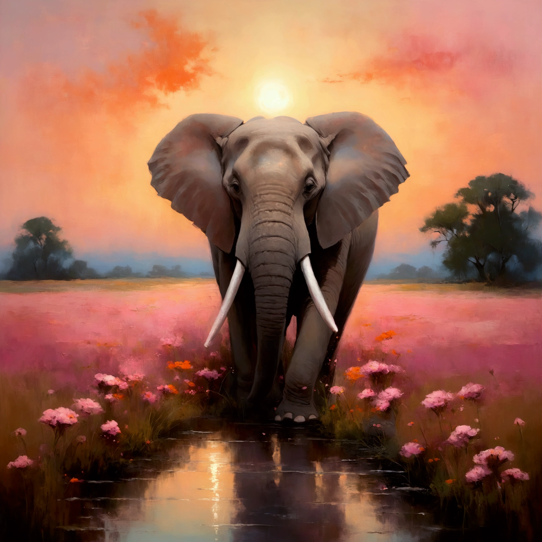 Create a plain canvas, evocative background using the expressive and textured brushstrokes abstract Use a muted color palette with subtle variations in tone to create depth and visual interest. Focus on the tactile quality of the oil paint, incorporating gentle gradients and soft transitions between colors. Allow the brushstrokes to remain visible, [in a Serene Savannah at Sunset], Illuminated by Soft Light, Ethereal Glow , Dreamlike Atmosphere, Pastel Colors, Symmetrical Composition，pink color. The elephant waters the flowers with his trunk, field of flower on. ground