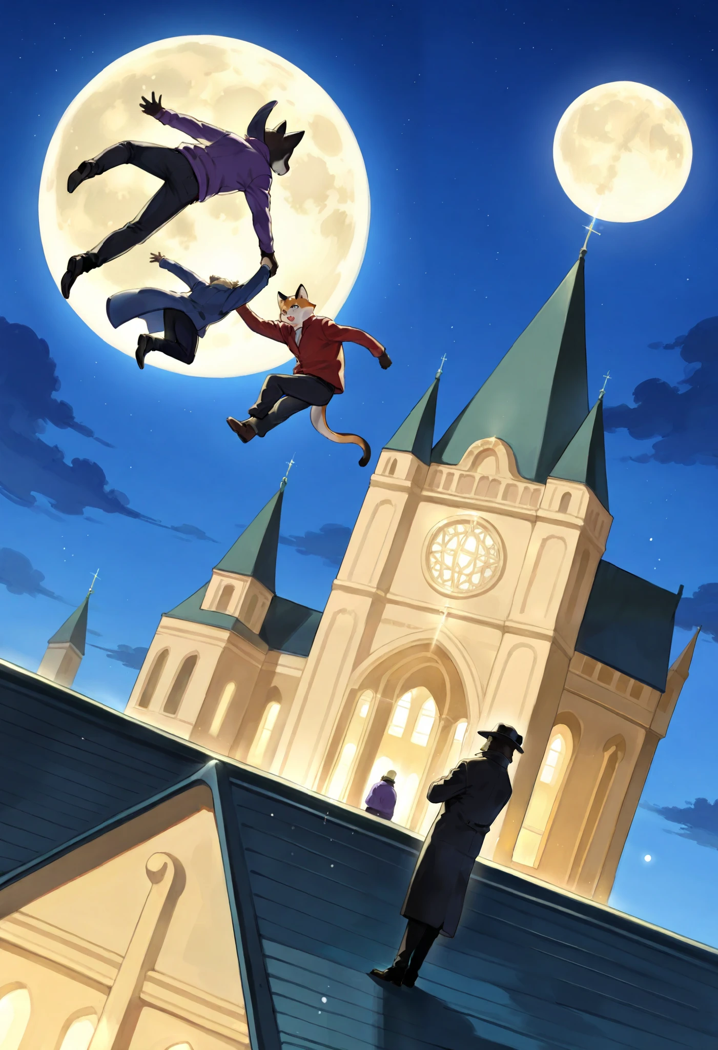 score_9, score_8_up, score_7_up, score_6_up, score_5_up, score_4_up, source_funny, absurdres, perfect anatomy, Full moon, on the roof of the church, the thief Lupin, boys, Happy, joyful(Photos of solo travelers)(kemono, furry anthro)cinematic lighting, dynamic angle,