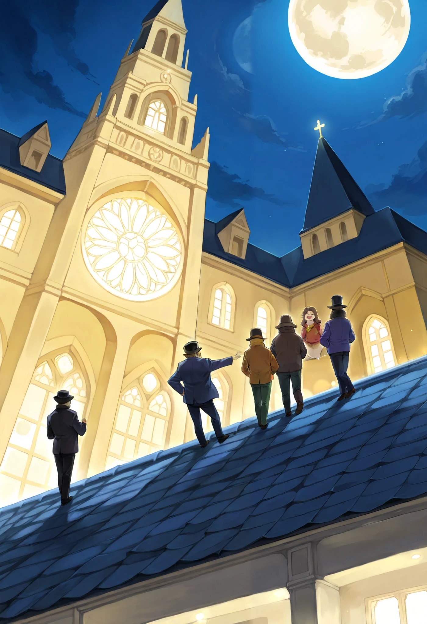 score_9, score_8_up, score_7_up, score_6_up, score_5_up, score_4_up, source_funny, absurdres, perfect anatomy, Full moon, on the roof of the church, the thief Lupin, boys, Happy, joyful(Photos of solo travelers)(kemono, furry anthro)cinematic lighting, dynamic angle,