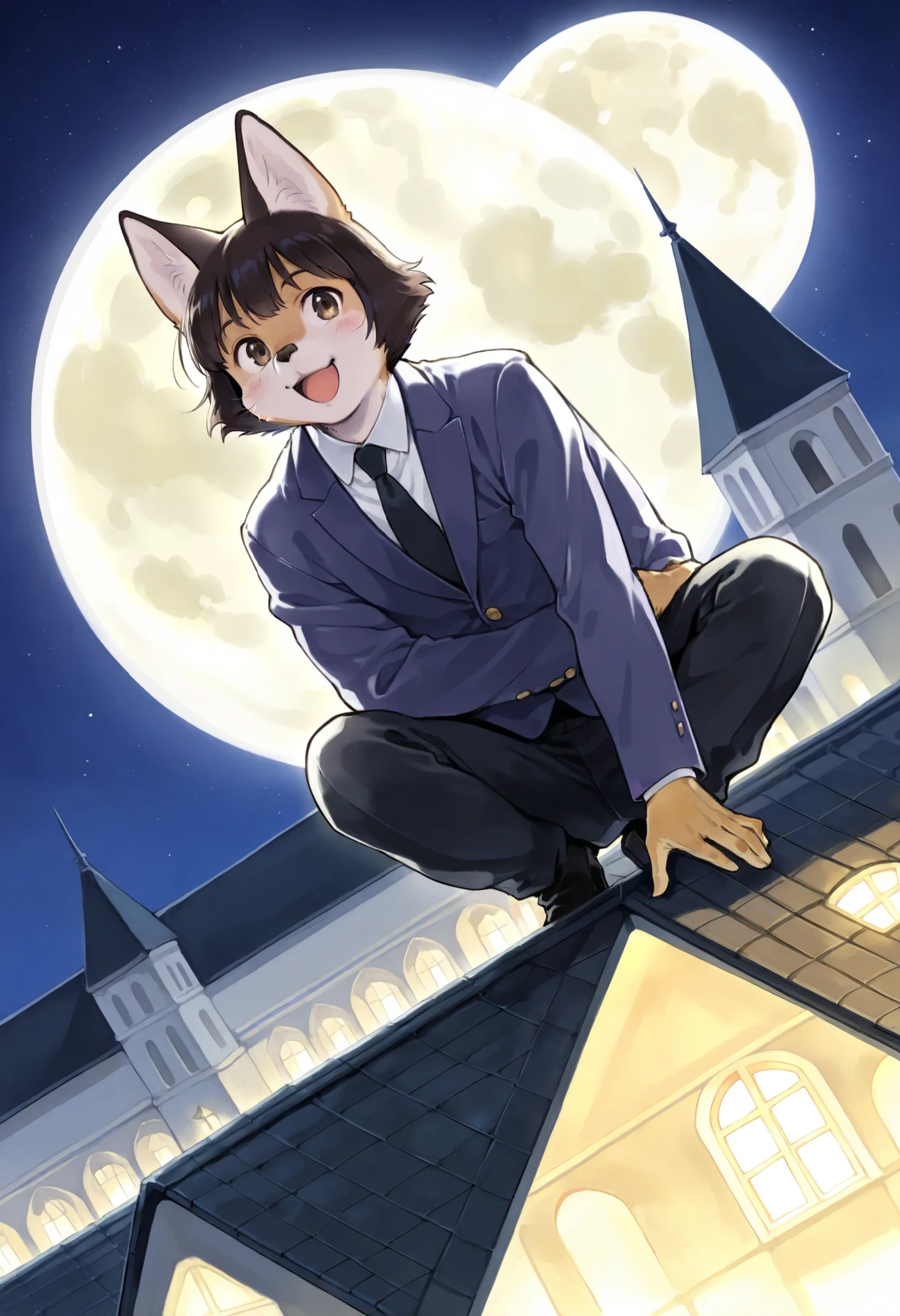 score_9, score_8_up, score_7_up, score_6_up, score_5_up, score_4_up, source_funny, absurdres, perfect anatomy, Full moon, on the roof of the church, the thief Lupin, boys, Happy, joyful(Photos of solo travelers)(kemono, furry anthro)cinematic lighting, dynamic angle,