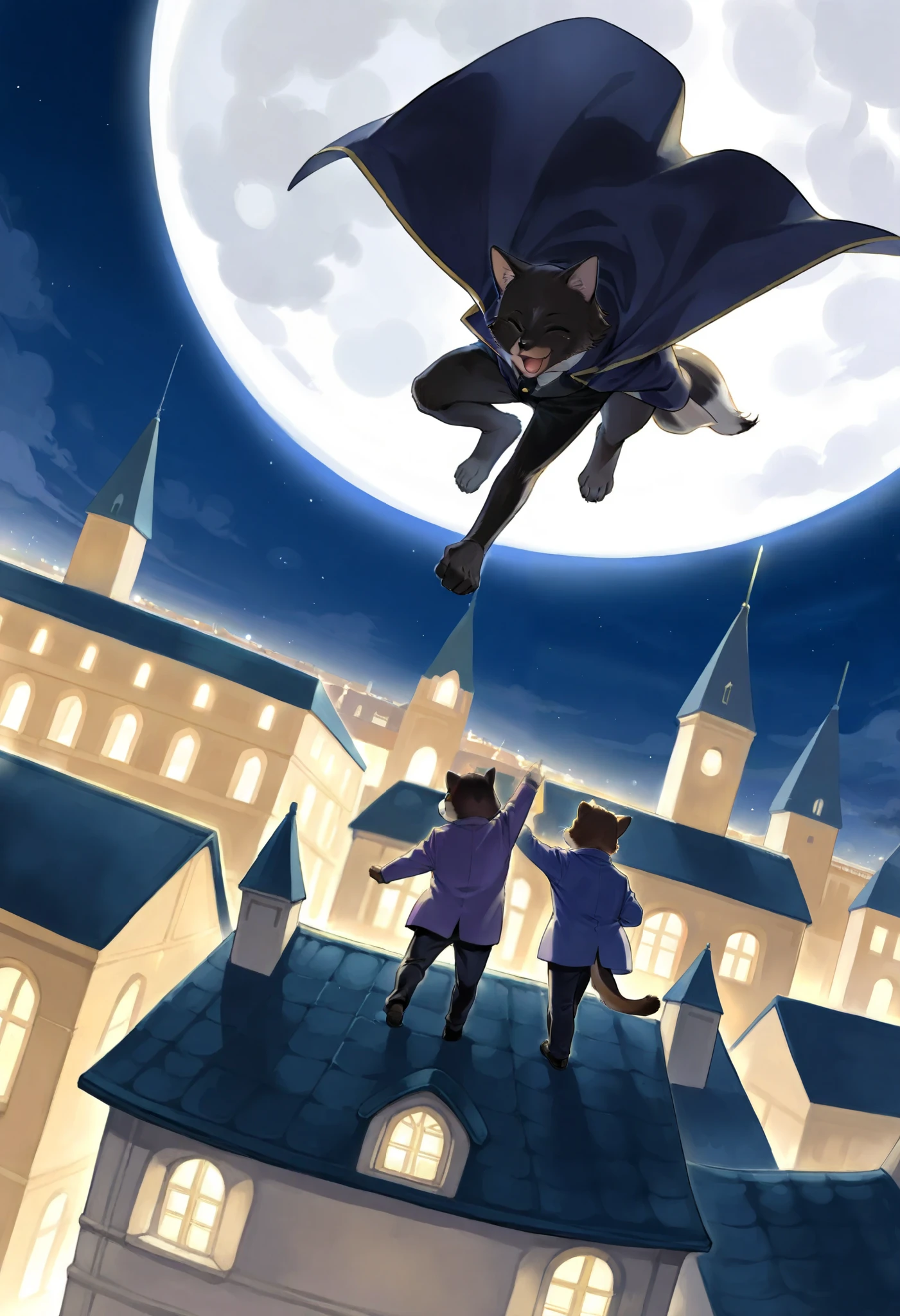 score_9, score_8_up, score_7_up, score_6_up, score_5_up, score_4_up, source_funny, absurdres, perfect anatomy, Full moon, on the roof of the church, the thief Lupin, boys, Happy, joyful(Photos of solo travelers)(kemono, furry anthro)cinematic lighting, dynamic angle,