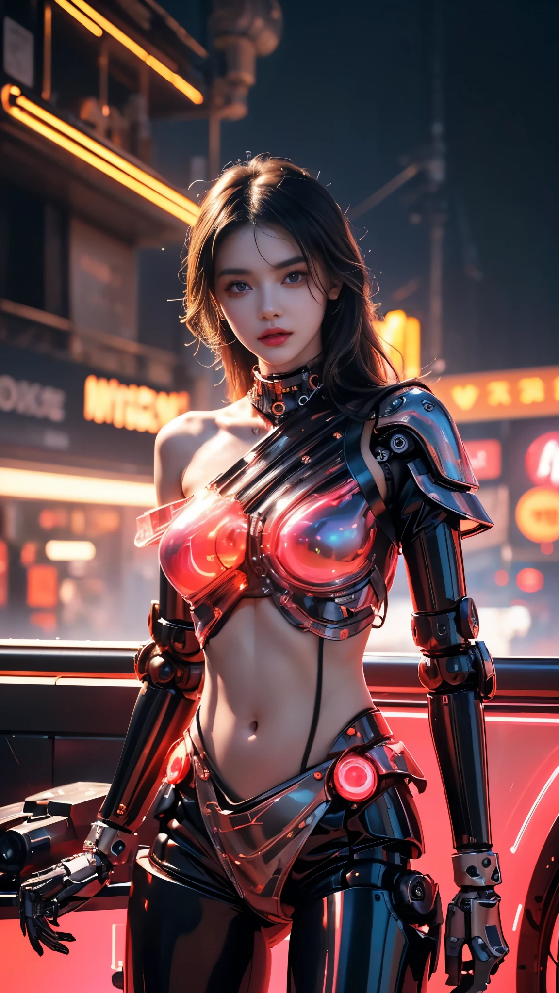 Breathtaking art in the style of Boris Vallejo, Humanoid android with transparent panel revealing complex circuitry, A relic of an ancient civilization that emits a soft glow, Bold red light dominates the scene. (HDR, high dynamic range, Bright colors, high contrast, be familiar with, ultra hd, 8k, cinematic, 80mm, high detail)
