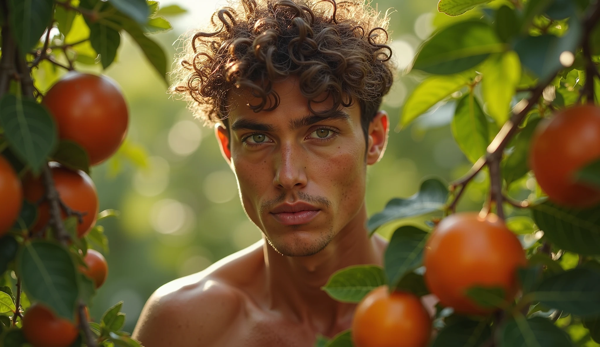 A young man, Beautiful, handsome, skinny, white without shirt,picking coconut in his hand with boxer brazil flag color