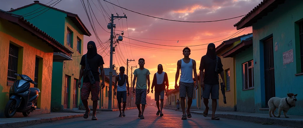 {
"prompt": "In a Grand Theft Auto (GTA) video game style, standing electrity post cable wire hanging depict a scene in a vibrant, yet slightly gritty urban Brazilian environment. Show a group of 6 male wearing Slippers people aged 20 to 30 standing in front of a run-down slum place villages. scrap cans broken beer bottles debris waste Some of them look musician ponytail disheartened, reflecting the reality that they are neither working. In the background, include signs of urban slum put a hardworking guy on front no shirts with dark color 2 holdings acoustic guitar some of them holding a box of beer liquor
