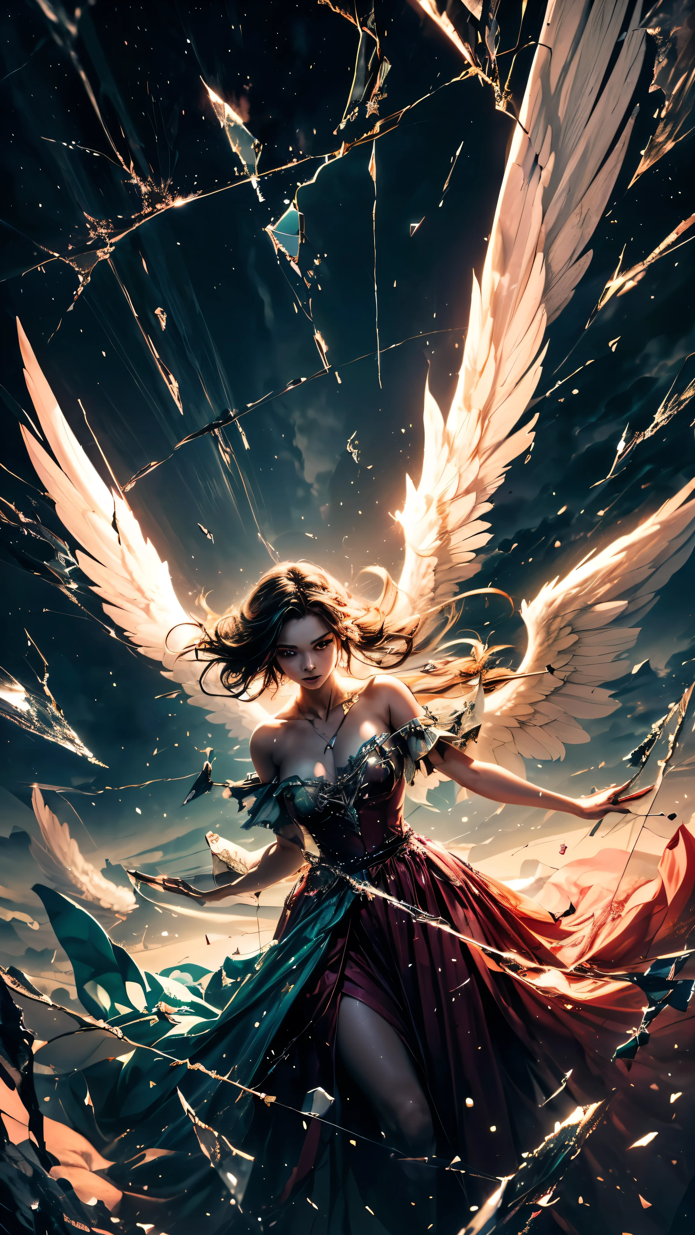 (masterpiece:1.3, Perfect detail: 1.4, top quality, 8k wallpaper), (Beautiful Renaissance paintings), (Twilight Sky), (Glass Sky:1.4, Glass Sky:1.4, The sky is breaking like glass:1.4), (Through a crack in the sky, A horde of angels descends from the cracked sky, A horde of angels descends from the cracked sky, A horde of angels descends from the cracked sky), (Incredibly beautiful backgrounds, Best color usage, Complex color expression)