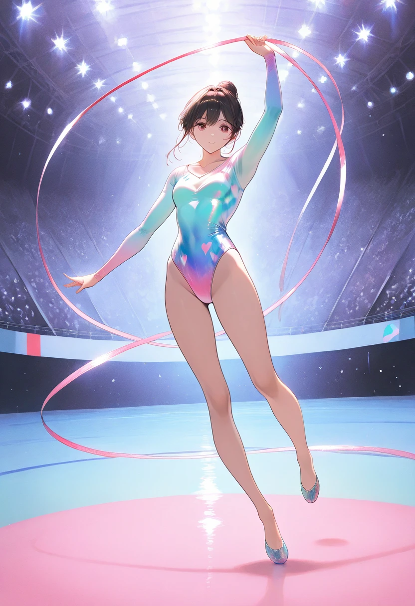  masterpiece, (textured skin), best quality, gorgeous beautiful girl, (a female rhythmic gymnastics athlete), detailed clothes,large breasts,narrow waist,, (beautiful face), cinematic lighting, (at rhythmic gymnastics venue ),