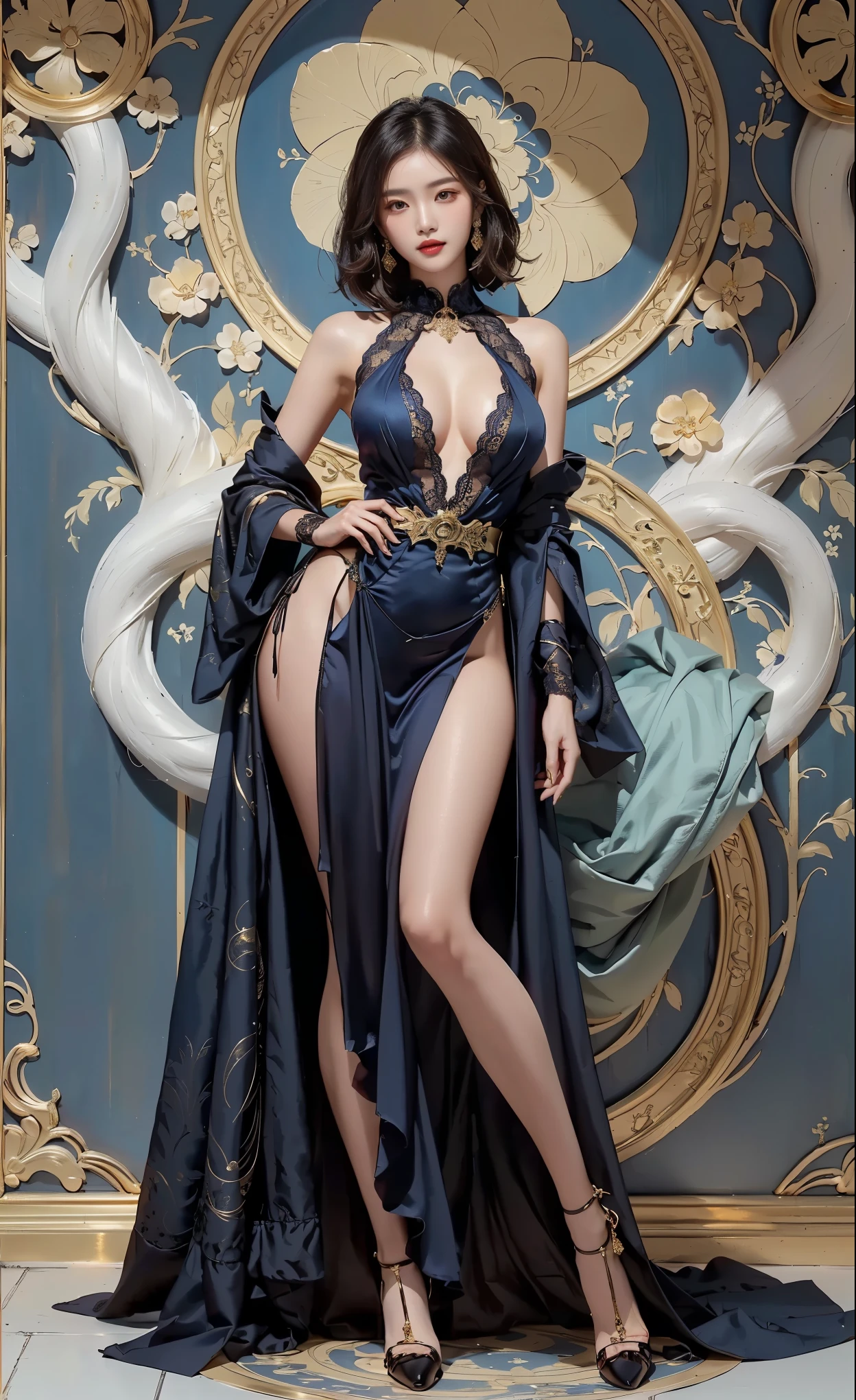 (ultra-detailed, photorealistic, best quality, 4k, 8k, highres, masterpiece:1.3), Empress Xifeng, also known as The Eternal Flame, She is depicted in her combat attire, showcasing her ethereal beauty with flawless porcelain skin and long, flowing midnight black hair tied back in a practical yet elegant style, Her eyes are a mesmerizing shade of amethyst, reflecting both wisdom and determination, Her outfit includes intricately designed armor that combines practicality with opulence, featuring dark metals and gold accents adorned with phoenix motifs and precious stones, allowing for agility and movement, emphasizing her combat prowess, Background: Elements of the imperial palace, with grand pillars and an atmosphere of readiness for battle, The illustration captures her strength, grace, and commanding presence as a warrior empress, (((intricate detail, super finely detailed hands, ultra finely detailed fingers, ten fingers, standing regally, full body showcase, show full body))).