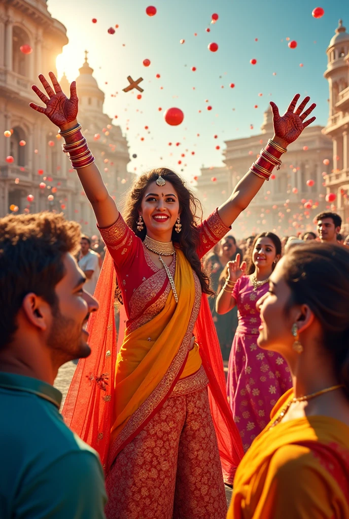((best quality)), ((masterpiece)), (detailed), An illustration of group of Indian people with big smiles and arms raised in the air, surrounded by colorful confetti and balloons. The background is a vibrant, celebratory scene.