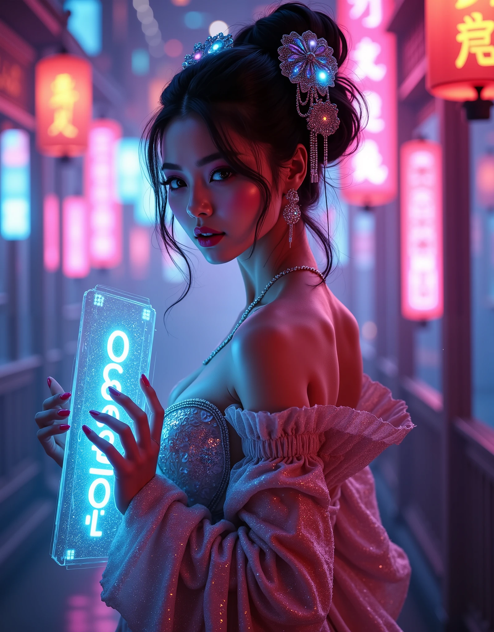 A photorealistic, cinematic painting of a cyberpunk geisha holding a holographic poster that reads '1600 Followers' in vibrant, glowing text. The geisha is performing an alluring dance in a neon-lit, futuristic teahouse. She wears a revealing yet elegant kimono-inspired outfit crafted from shimmering metallic fabric, adorned with glowing fiber-optic accents that pulsate with color. Her makeup is strikingly futuristic, and her hair is styled in a traditional yet edgy updo, decorated with neon pins and holographic ornaments. The holographic poster she holds emanates a soft, radiant glow, blending seamlessly with the surrounding light. The teahouse is a captivating fusion of traditional Japanese architecture and cyberpunk aesthetics, featuring holographic projections, intricate neon signs, and futuristic decor. The cinematic lighting casts dynamic highlights and shadows, emphasizing the geisha’s graceful movements, the intricate details of her outfit, and the surreal, high-tech ambiance. The scene exudes elegance, celebration, and the mesmerizing charm of the cyberpunk world