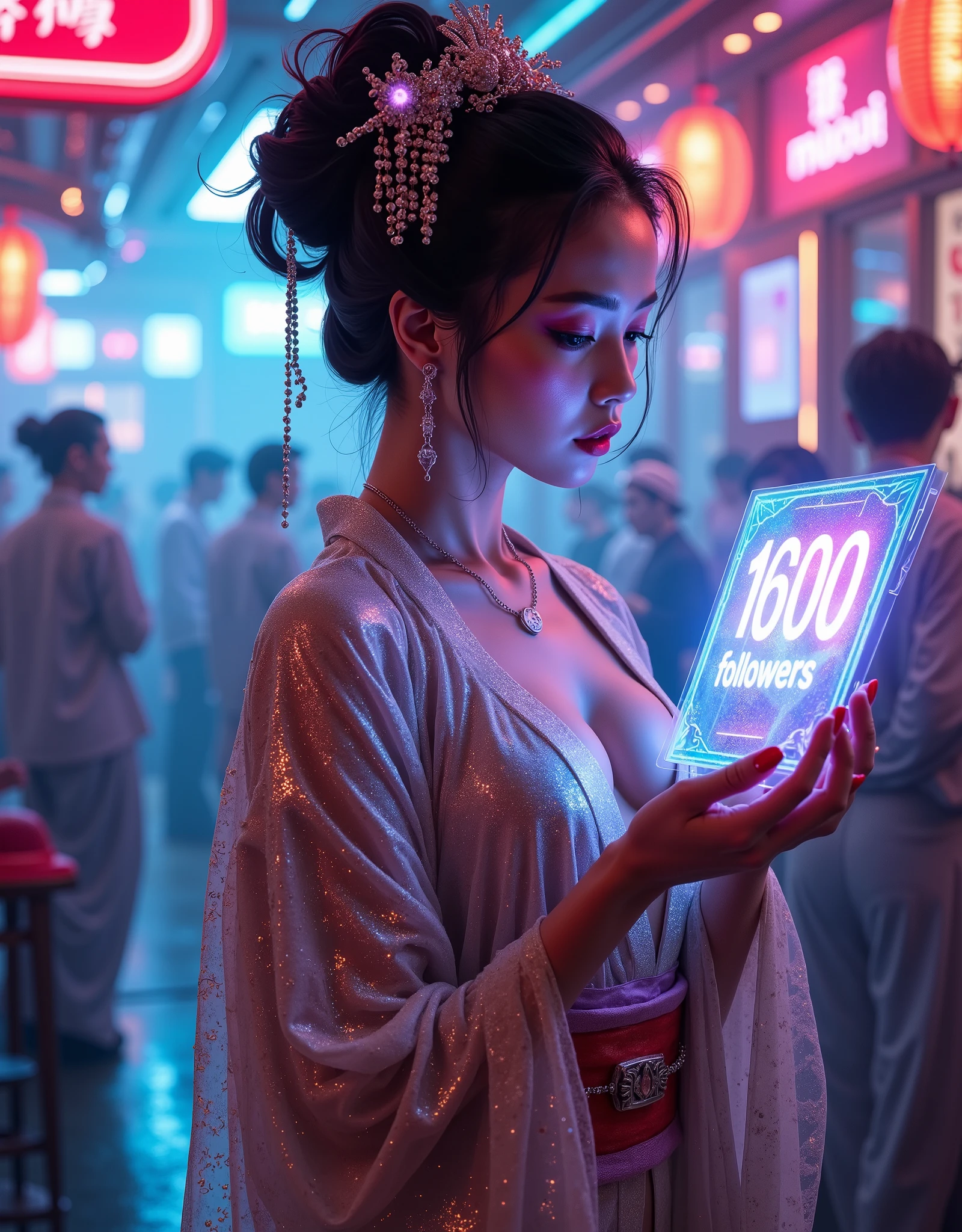 A photorealistic, cinematic painting of a cyberpunk geisha holding a holographic poster that reads '1600 Followers' in vibrant, glowing text. The geisha is performing an alluring dance in a neon-lit, futuristic teahouse. She wears a revealing yet elegant kimono-inspired outfit crafted from shimmering metallic fabric, adorned with glowing fiber-optic accents that pulsate with color. Her makeup is strikingly futuristic, and her hair is styled in a traditional yet edgy updo, decorated with neon pins and holographic ornaments. The holographic poster she holds emanates a soft, radiant glow, blending seamlessly with the surrounding light. The teahouse is a captivating fusion of traditional Japanese architecture and cyberpunk aesthetics, featuring holographic projections, intricate neon signs, and futuristic decor. The cinematic lighting casts dynamic highlights and shadows, emphasizing the geisha’s graceful movements, the intricate details of her outfit, and the surreal, high-tech ambiance. The scene exudes elegance, celebration, and the mesmerizing charm of the cyberpunk world