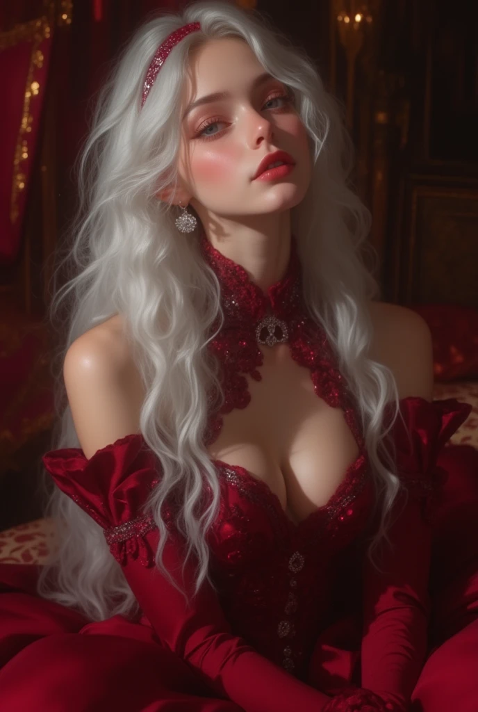 ((masterpiece, Best Quality)), ((intricate details)), ((realist, photorealist)), ((Full Body Portrait)), ((Instagram Photo of a Waifu E-girl wearing aretes)), Mary R., inspired by Emma Andijewska, wrapped in crystals,(masterpiece:1.3), (Best Quality:1.3), (Ultra-detailed:1.2), ((kawaii)), Cute, (lovely), ((sexy)), ((Sexy Attractive Body)), ((Sexy Curvy Hips)), ((Sexy Beauty Legs)), ((Perfect Detailed Anatomy)), ((Extremely detailed)), 4K, (8K), Best Quality, (Beautiful), Illustration, anime style, (bold line:1.2), Gradation,(best quality, ultra-detailed, photorealistic: 1.39), bright and vibrant colors, studio lighting, (Perfect eyes:1.2), (Perfect iris:1.2), ((romantic kawaii expression)), ((cute delicate smile)), ((kawaii makeup)), ((17-year-old e-girl)), ((Sexy Red Bouffont Dress)), ((platinum braided and curl white hair)), ((cat ears)), big breasts, fit, long wavy hair, mercenary, Mary R.