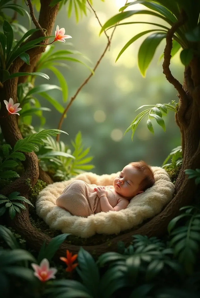 Create a photo background for me with a real safari themed New Born scenery, with baby animals and an empty round bed