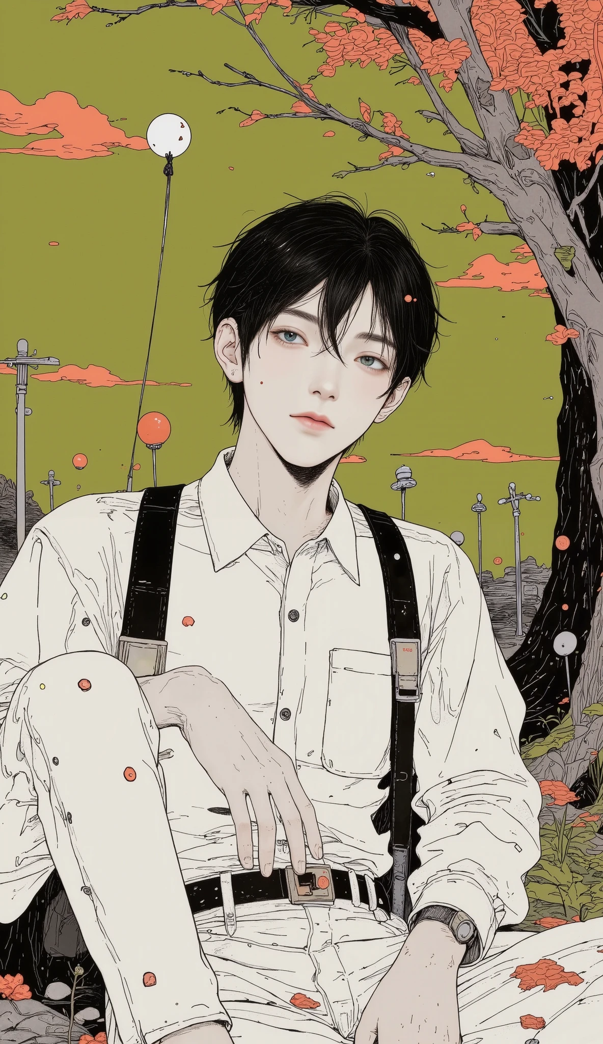 digital illustration style manga :1.5, A manga boy:1.5 , sad, desperation , full body general plan :1.51, highly detailed , seeds, sharp focus, 8K, high definition resolution , line art illustration , abstract vivid colors :1.44, The art of meat by Griffiths and Wadim Kashin, olive green background