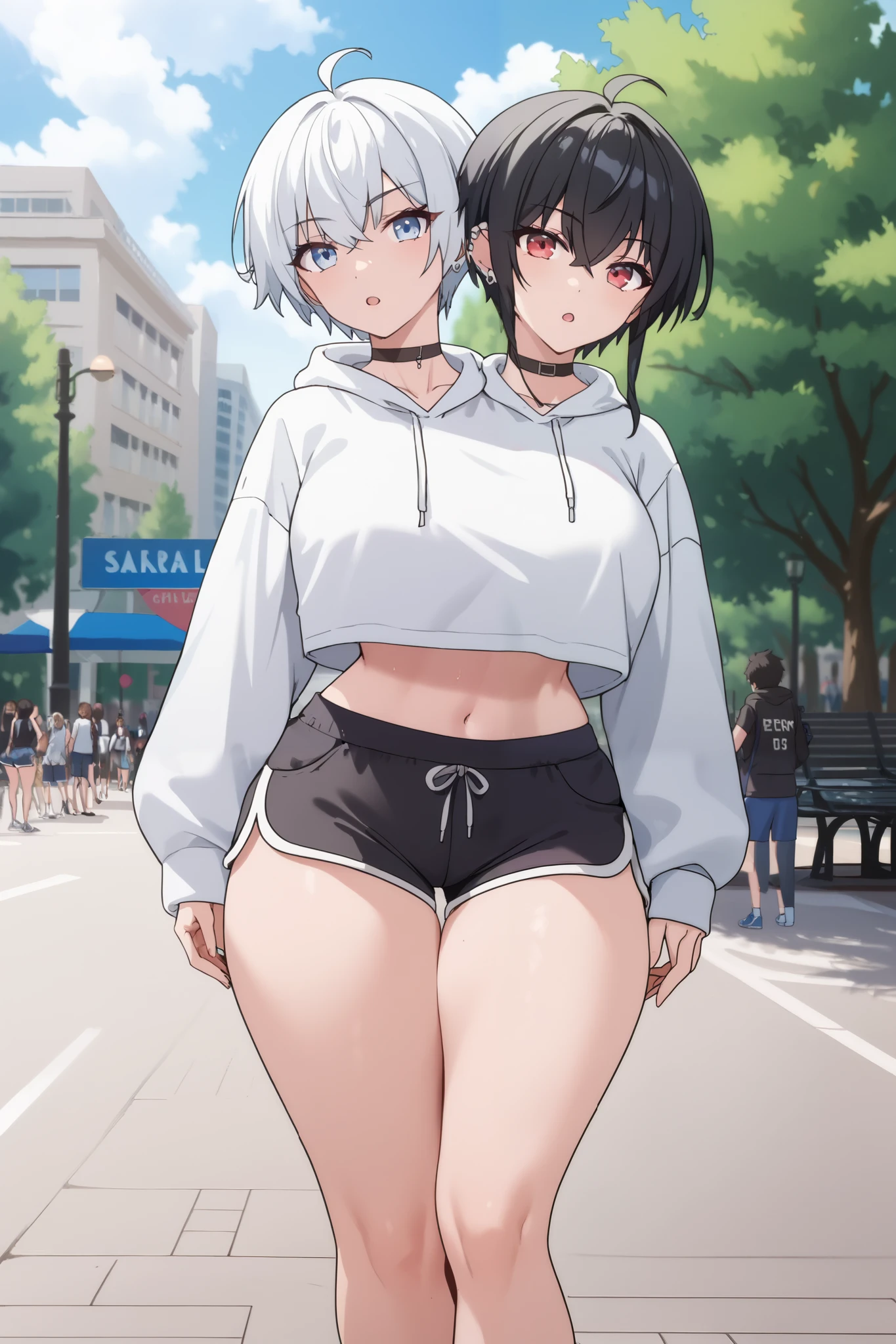 (highest quality,high resolution,(Ultra high fine mesh,4K), (ultra high resolution,8K),muste piece:1.2), (perfect anatomy,anatomically accurate), (Angle from above), (soft lighting, rendering), (Two cute high school girls), High-definition beauty face, (high heels), ((a paradise)), (elegant competitive swimwear), (Wearing a gray hoodie), (Crisp double eyelids), (fascinating expression),(large breasts:1.3), (soft skin), (It's photorealistic), (glowing skin), (colorful hair)