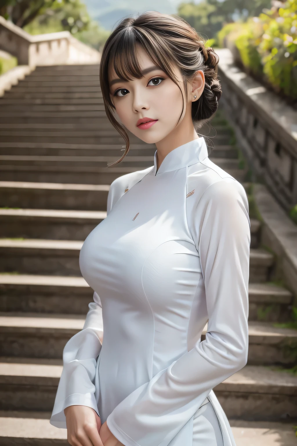 8K-quality, UHD, (HDR), RAW-photo, (Realistic:1.5), Subject is in the center of the frame, (Looking at the viewer:1.3), Absolute masterpiece,
Elaborate Ao dai that is depicted in ultra detail, Outdoors, Stairs in the park, Going down the stairs,
Big breasts, Full-make up, Lip-make up, Glossy skin, Bangs, Updo for short, Very pretty girl.