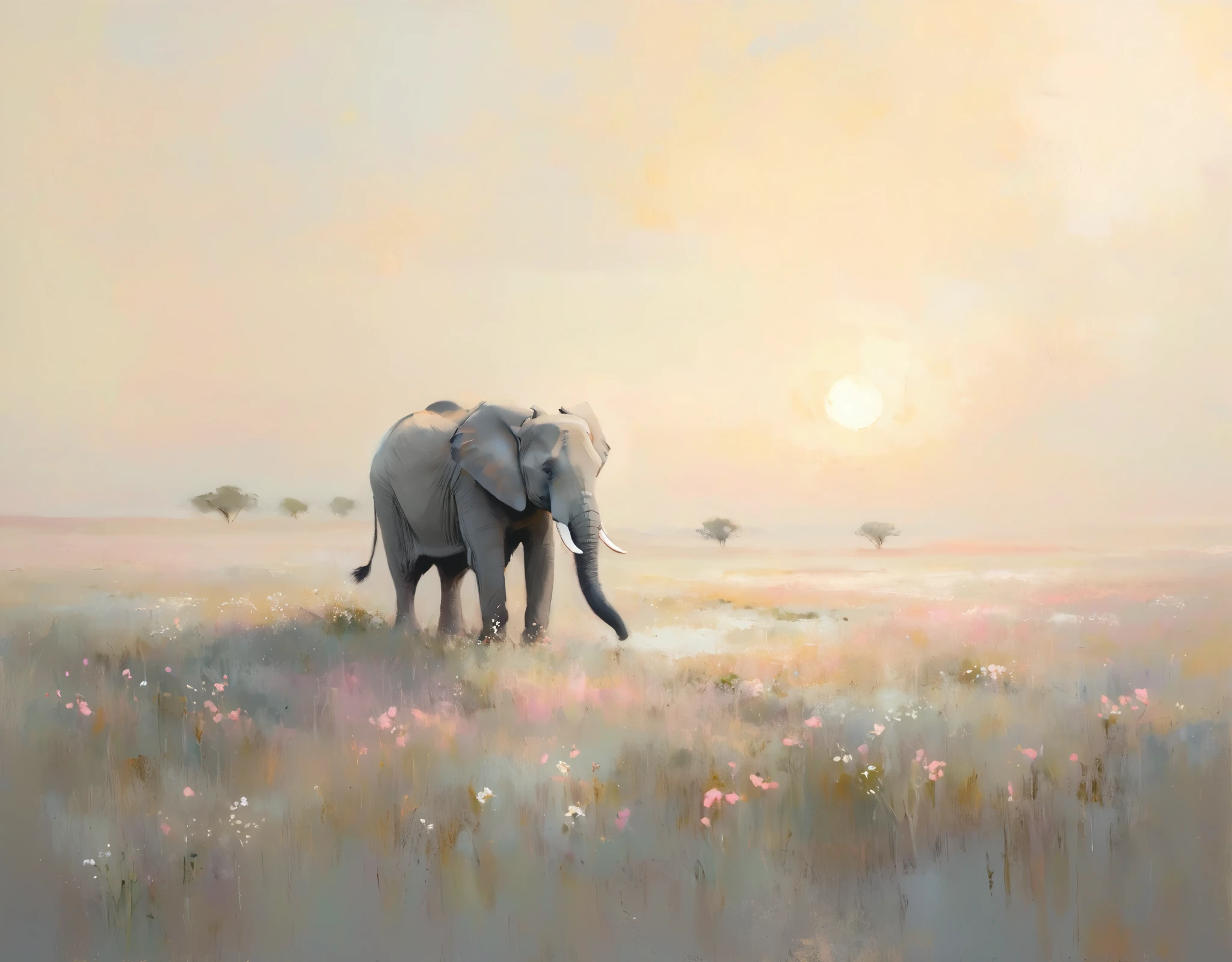 Create a plain canvas, evocative background using the expressive and textured brushstrokes abstract Use a muted color palette with subtle variations in tone to create depth and visual interest. Focus on the tactile quality of the oil paint, incorporating gentle gradients and soft transitions between colors. Allow the brushstrokes to remain visible, [in a Serene Savannah at Sunset], Illuminated by Soft Light, Ethereal Glow , Dreamlike Atmosphere, Pastel Colors, Symmetrical Composition，pink color. The elephant waters the flowers with his trunk, field of flower on. ground