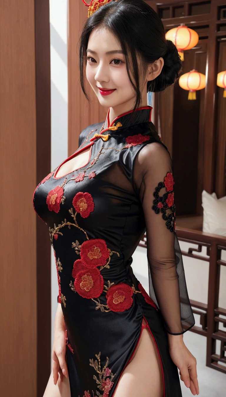 woman in a black and red dress holding a cell phone, cheongsam, wearing a red cheongsam, chinese dress, chinese woman, wearing a blue qipao dress, chinese girl, medium shot portrait, chinese style, traditional chinese clothing, inspired by Tang Di, mid shot portrait, traditional chinese, full body cute young lady, chinese costume, an asian woman