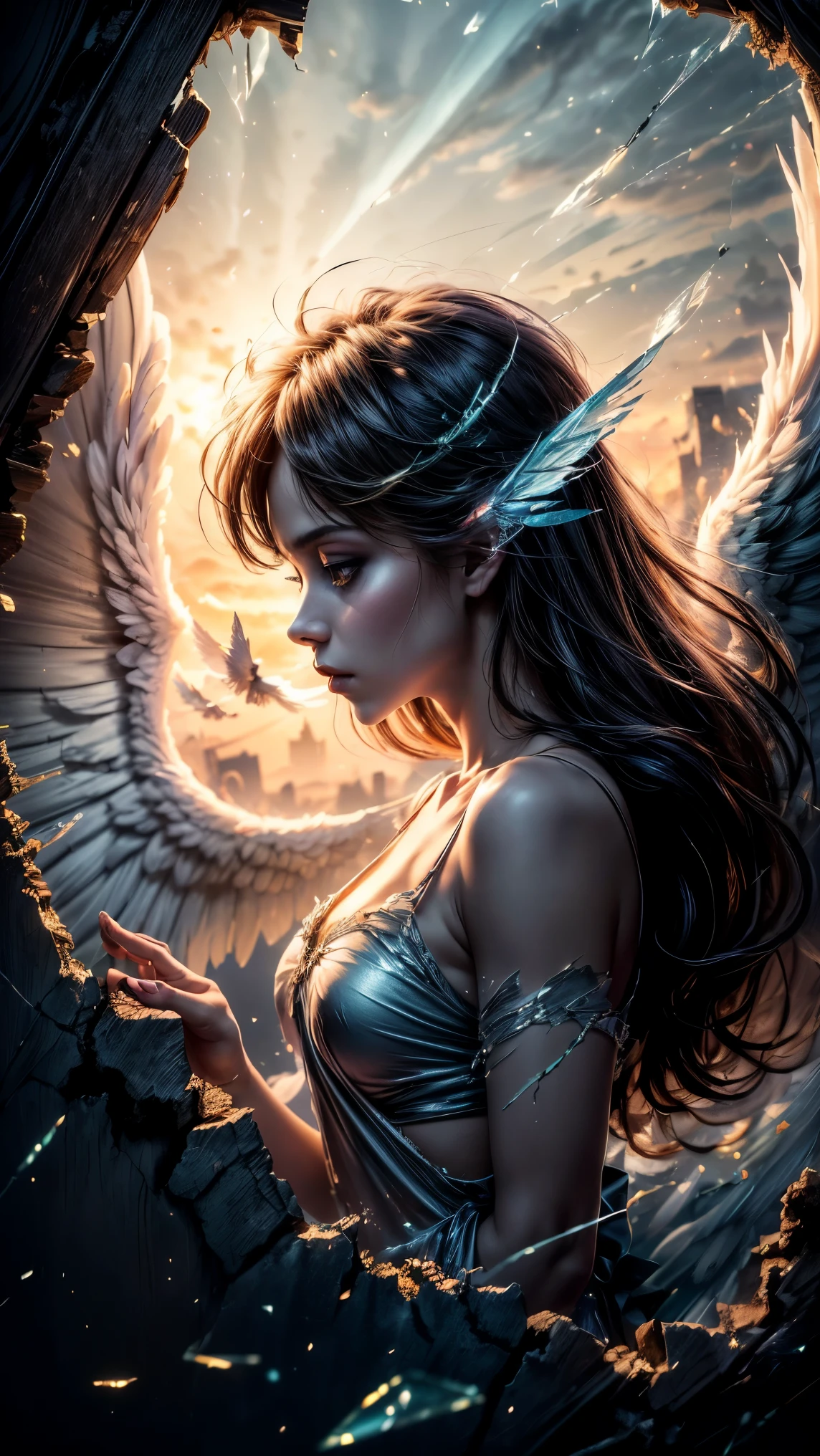 (masterpiece:1.3, Perfect detail: 1.4, top quality, 8k wallpaper), (Beautiful Renaissance paintings), (Twilight Sky), (Glass Sky:1.4, Glass Sky:1.4, The sky is breaking like glass:1.4), (Through a crack in the sky, A horde of angels descends from the cracked sky, A horde of angels descends from the cracked sky, A horde of angels descends from the cracked sky), (Incredibly beautiful backgrounds, Best color usage, Complex color expression)