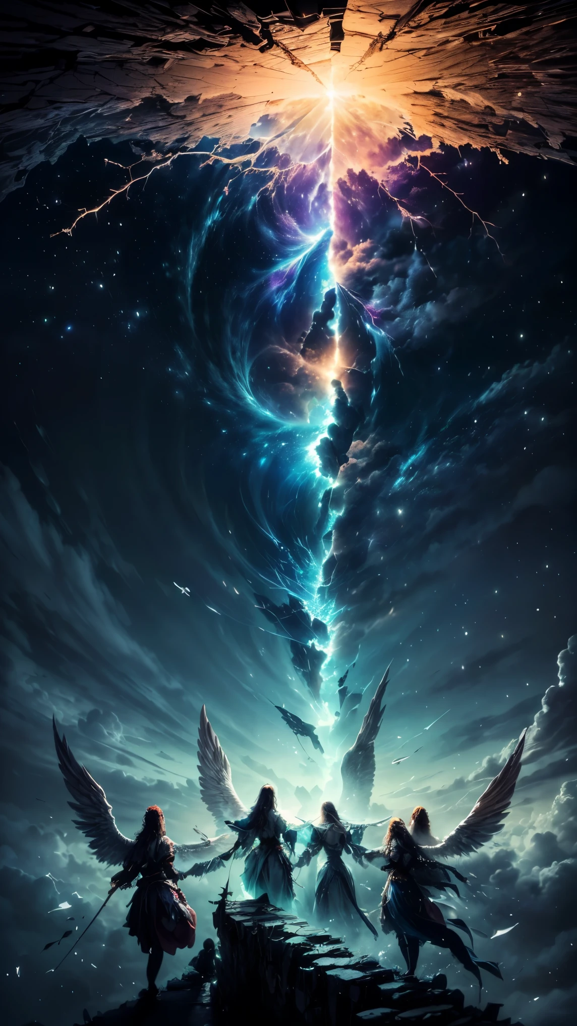 (masterpiece:1.3, Perfect detail: 1.4, top quality, 8k wallpaper), (Beautiful Renaissance paintings), (Twilight Sky), (Glass Sky:1.4, Glass Sky:1.4, The sky is breaking like glass:1.4), (Through a crack in the sky, A horde of angels descends from the cracked sky, A horde of angels descends from the cracked sky, A horde of angels descends from the cracked sky), (Incredibly beautiful backgrounds, Best color usage, Complex color expression)
