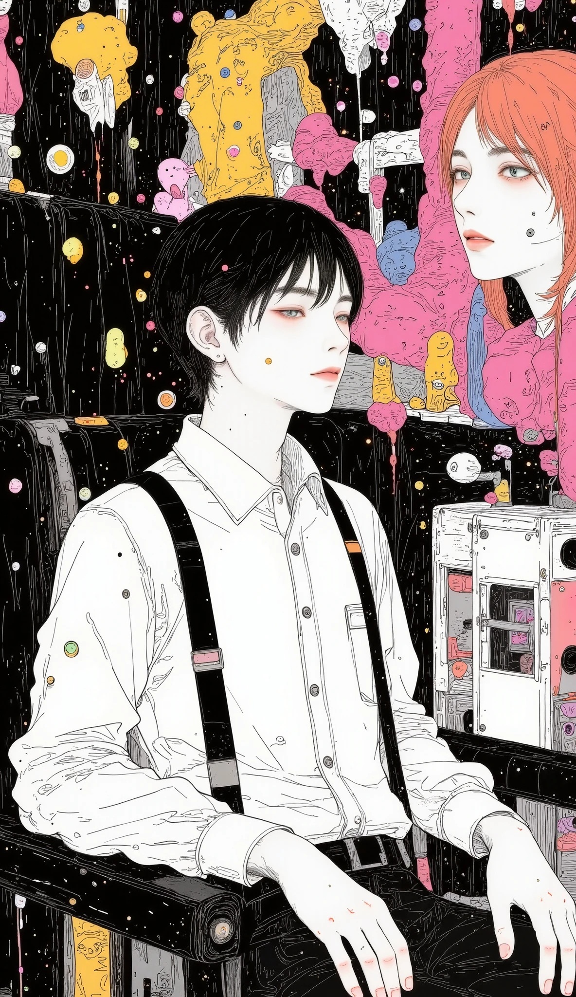 digital illustration style manga :1.5, A manga boy:1.5 , sad, desperation , full body general plan :1.51, highly detailed , seeds, sharp focus, 8K, high definition resolution , line art illustration , abstract vivid colors :1.44, The art of meat by Griffiths and Wadim Kashin