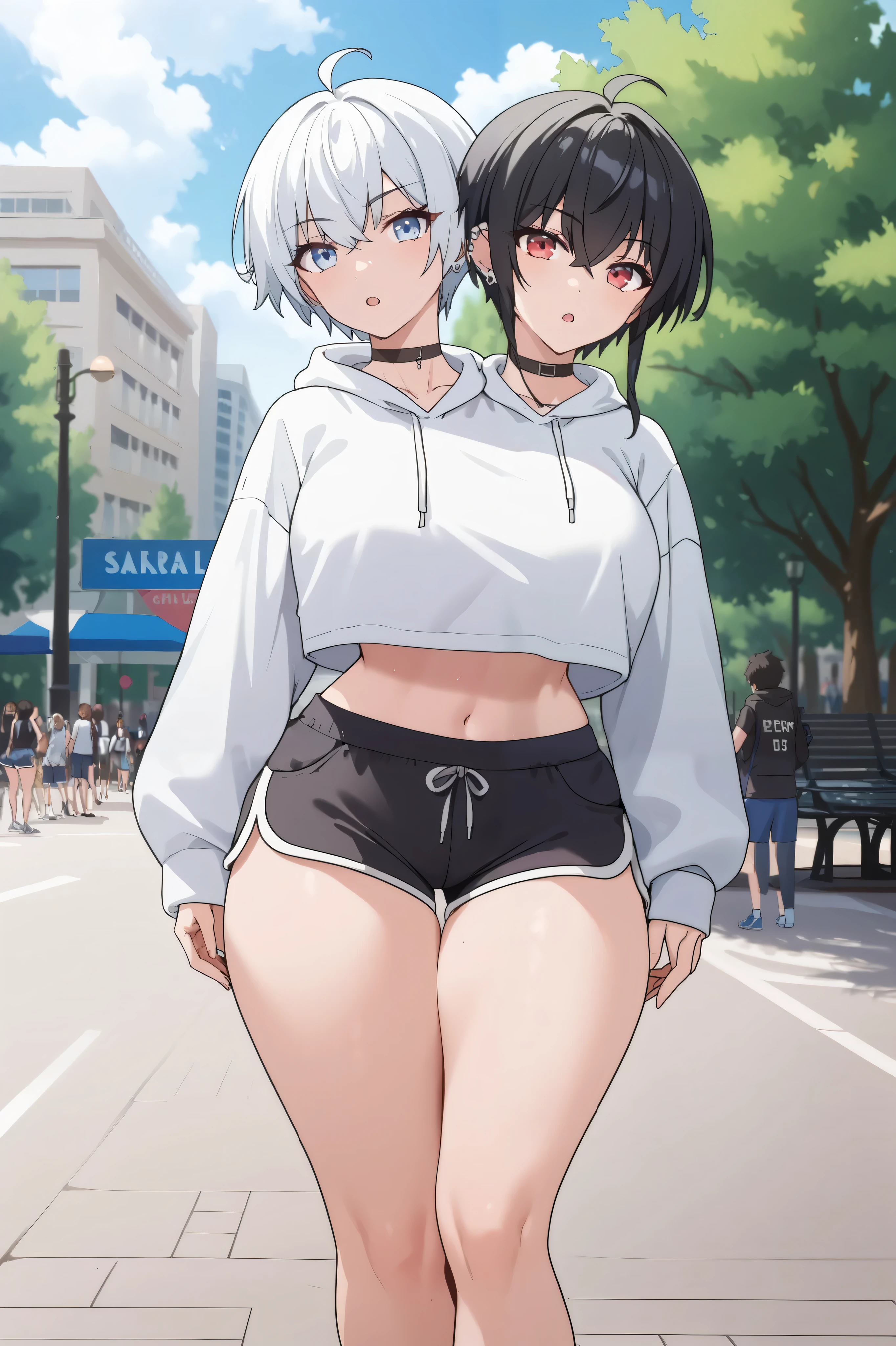 ((masterpiece)), ((highest quality)), (ultra high resolution,8K),(Ultra high fine mesh,4K), (Highly detailed CG integrated 8k wallpaper), (perfect ???????,anatomically accurate), (Angle from above), (soft lighting, rendering), (Two cute high school girls having fun walking in the park), (profile), High-definition beauty face, (high heels), ((elegant leotard swimwear)), (Wear a gray hoodie), (Crisp double eyelids), (fascinating expression),(large breasts:1.3), (soft skin), (It's photorealistic), (glowing skin), (colorful hair), 35mm f/1.8, Captured with Sony FE GM