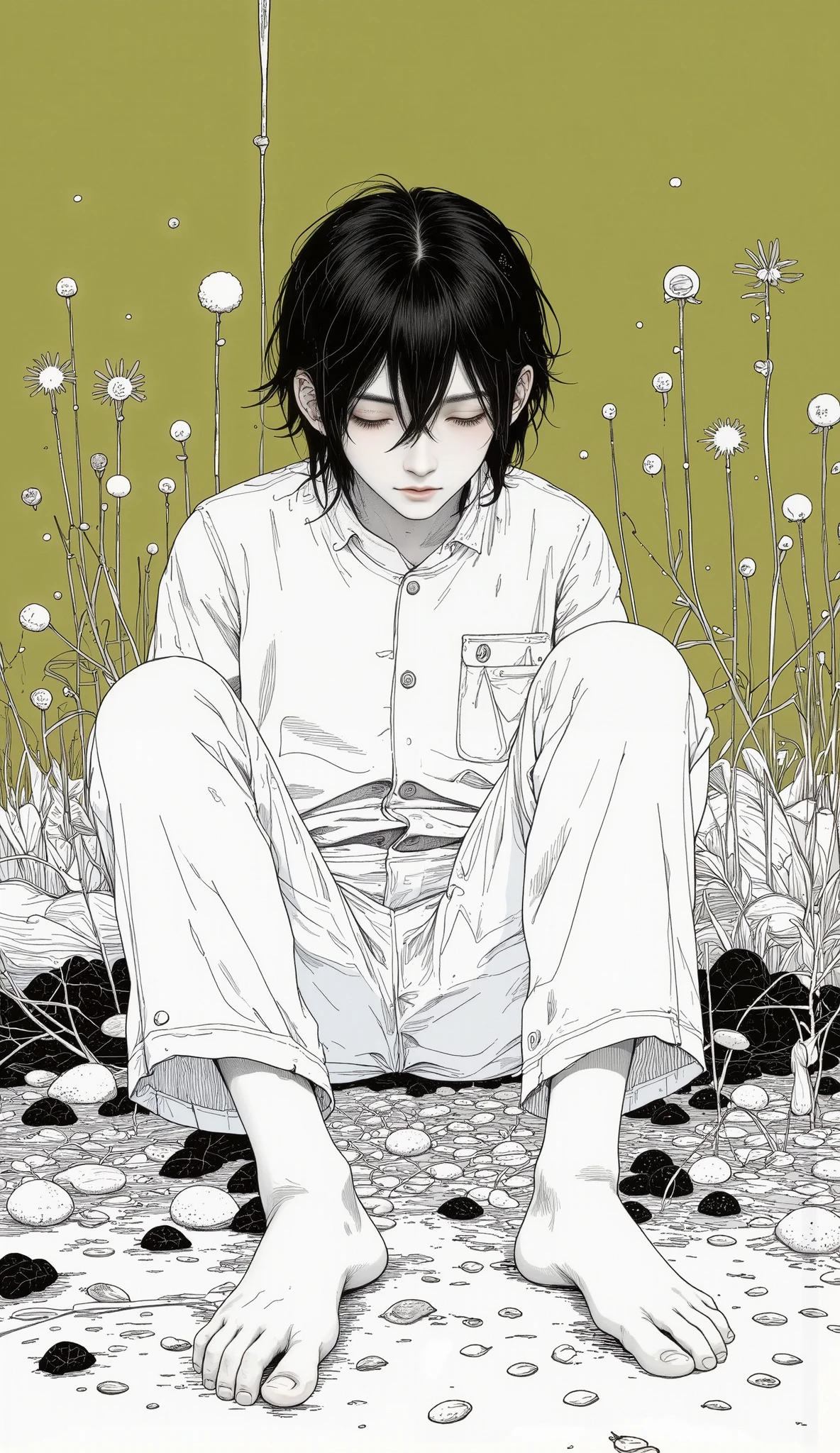 digital illustration style manga :1.5, A manga boy:1.5 , A manga boy:1.5 , sad, desperation , full body, highly detailed , seeds, sharp focus, 8K, high definition resolution , line art illustration , abstract black and white :1.3, The art of meat by Griffiths and Wadim Kashin, olive green background
