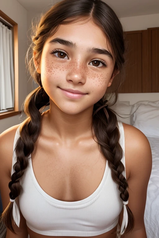 1girl. Tan skin, freckles on nose, freckles on cheeks, dark brown hair, wavy hair, hair braid, white tank, twenty years old, bedroom