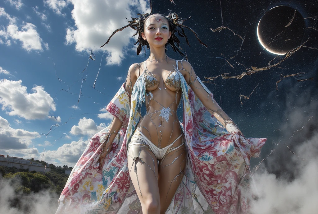 1 female，small ， solo，（background：，Angkor Wat，Rainforest，lotus） She has short blonde hair，Bob，，从front看， Standing in the forest， partly cloudy，（（（masterpiece），（Very detailed CG Unity 8k wallpaper），Best quality，light，详细background，Beautiful and delicate eyes，Smart pupils，black eyes，Snow-white skin，Red lips（Very delicate and beautiful），（Beautiful and detailed description of the eyes），Extremely detailed，masterpiece，））Facing the camera，high resolution，Extremely detailed），Exposing breasts，Exposed genitals，  Convex，Legs open，性感Convex显，Camel toe，complexion，Desire Dissatisfaction，front，Hanfu，Primary school students（Wear：Headphones on the head，green bomber jacket）